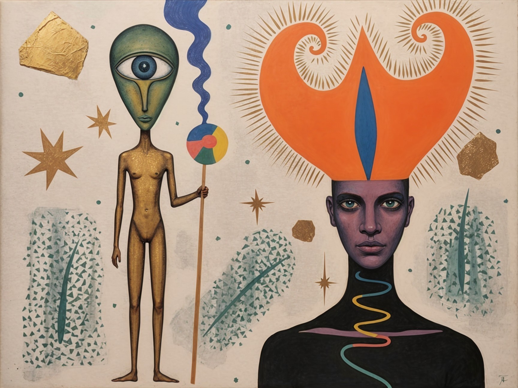 Surreal Artwork with Two Unique Figures and Patterns