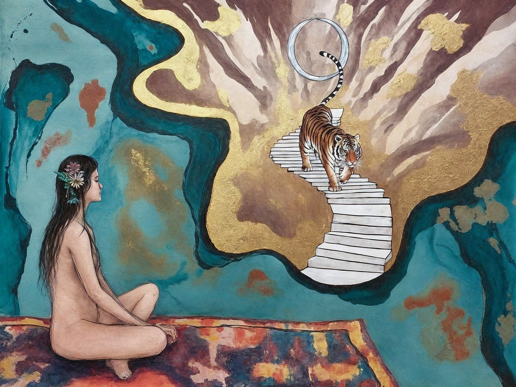 Serene Woman Meditating with Ethereal Landscape and Tiger