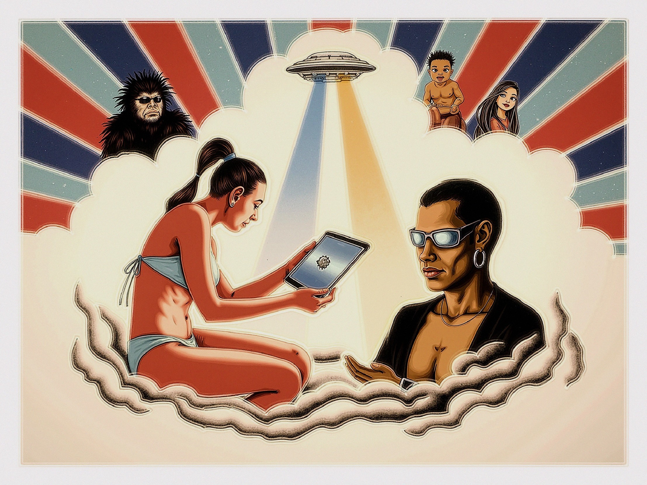 Surreal Illustration of Woman with Tablet and UFO