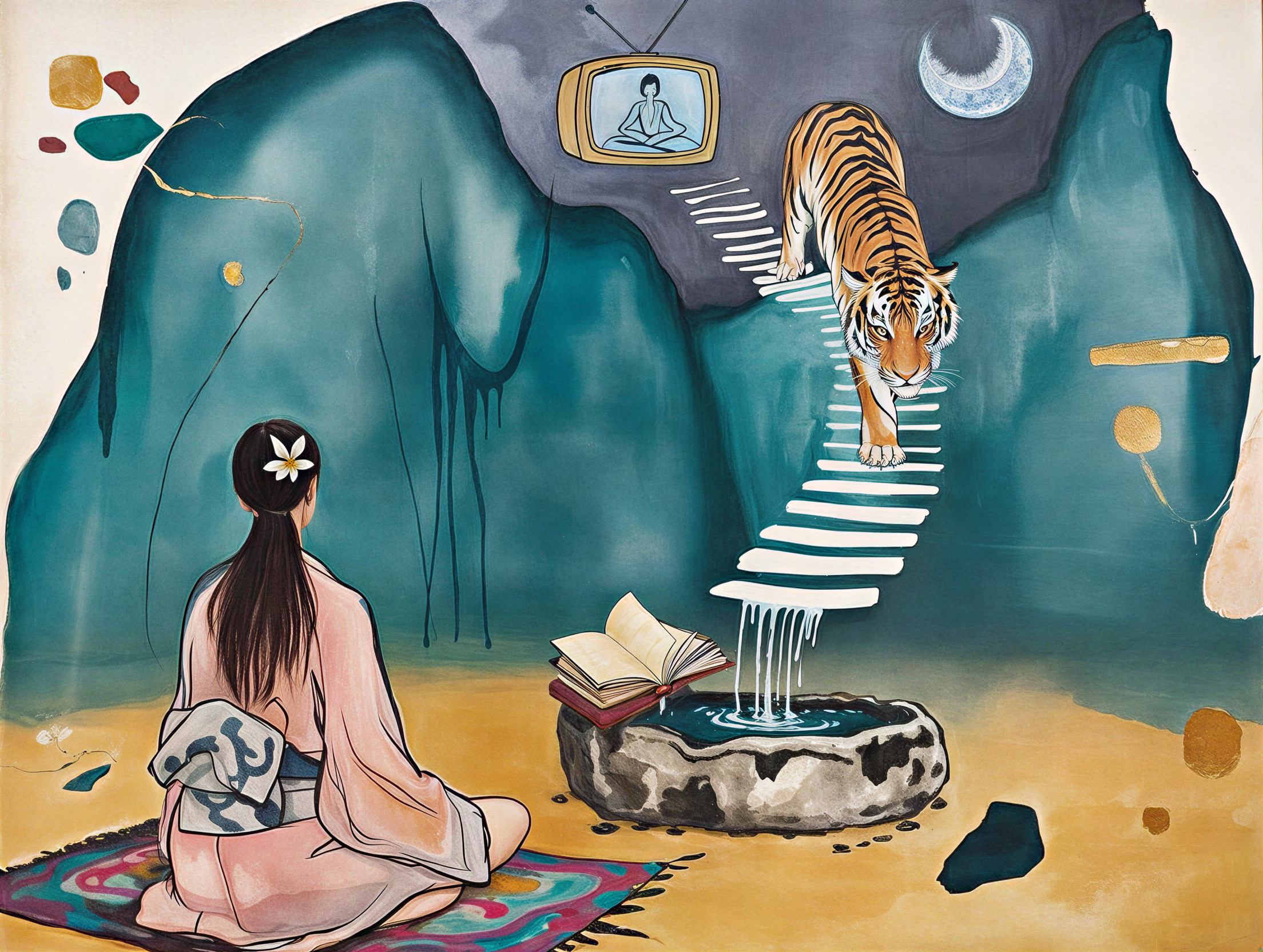 Serene scene of a woman with a tiger and nature elements
