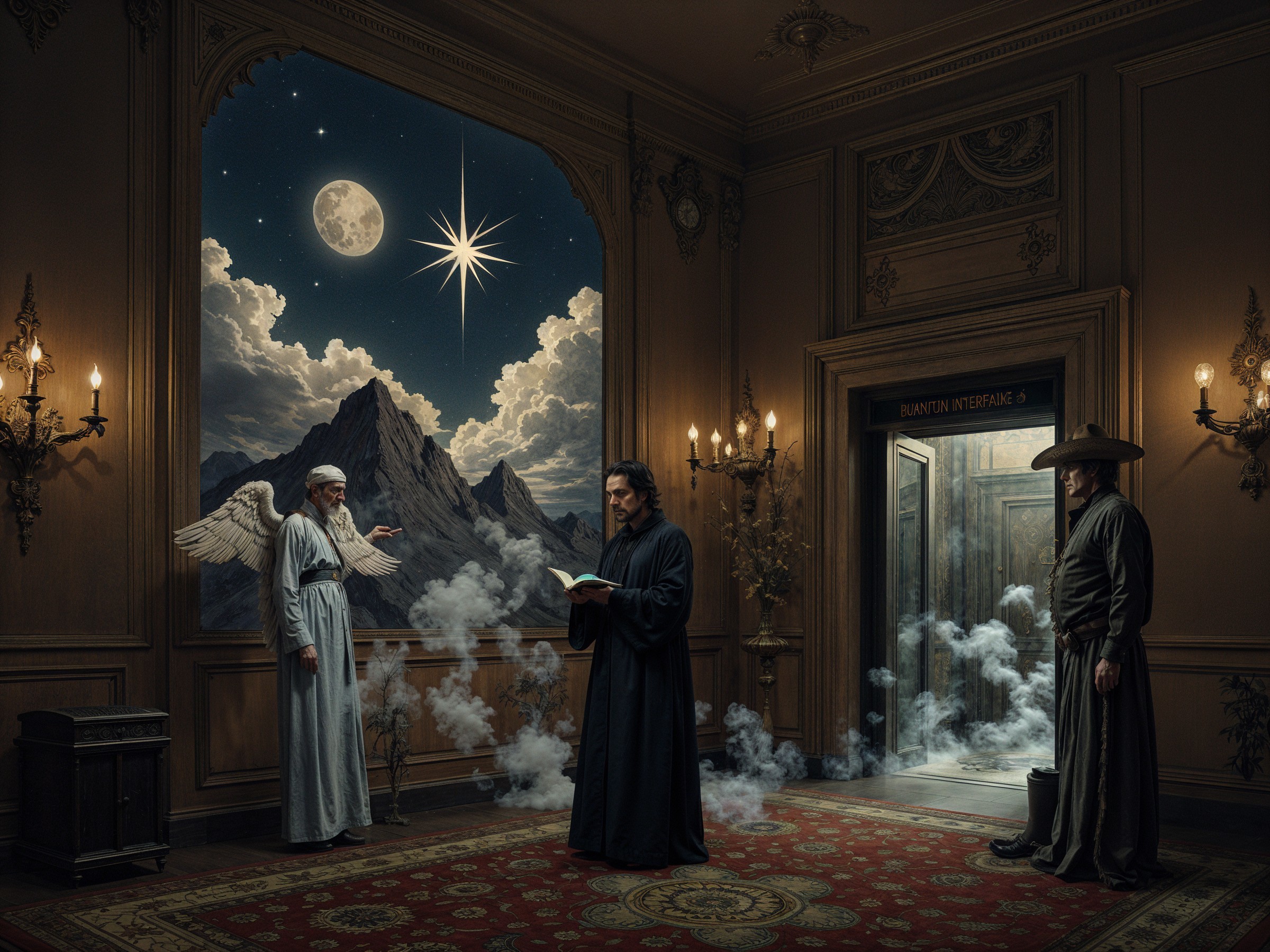 Cloaked Figure Reading in Mystical Dimly Lit Room