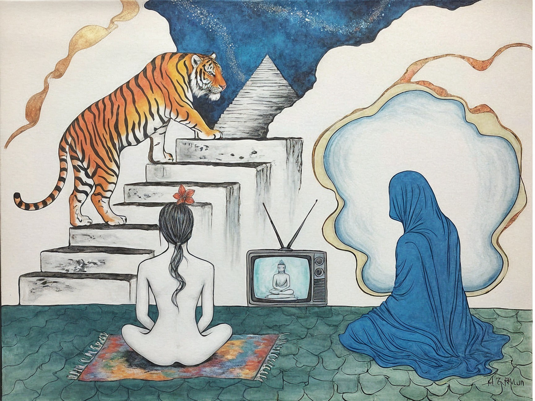 Surreal Artwork with Tiger, Pyramid, and Figures