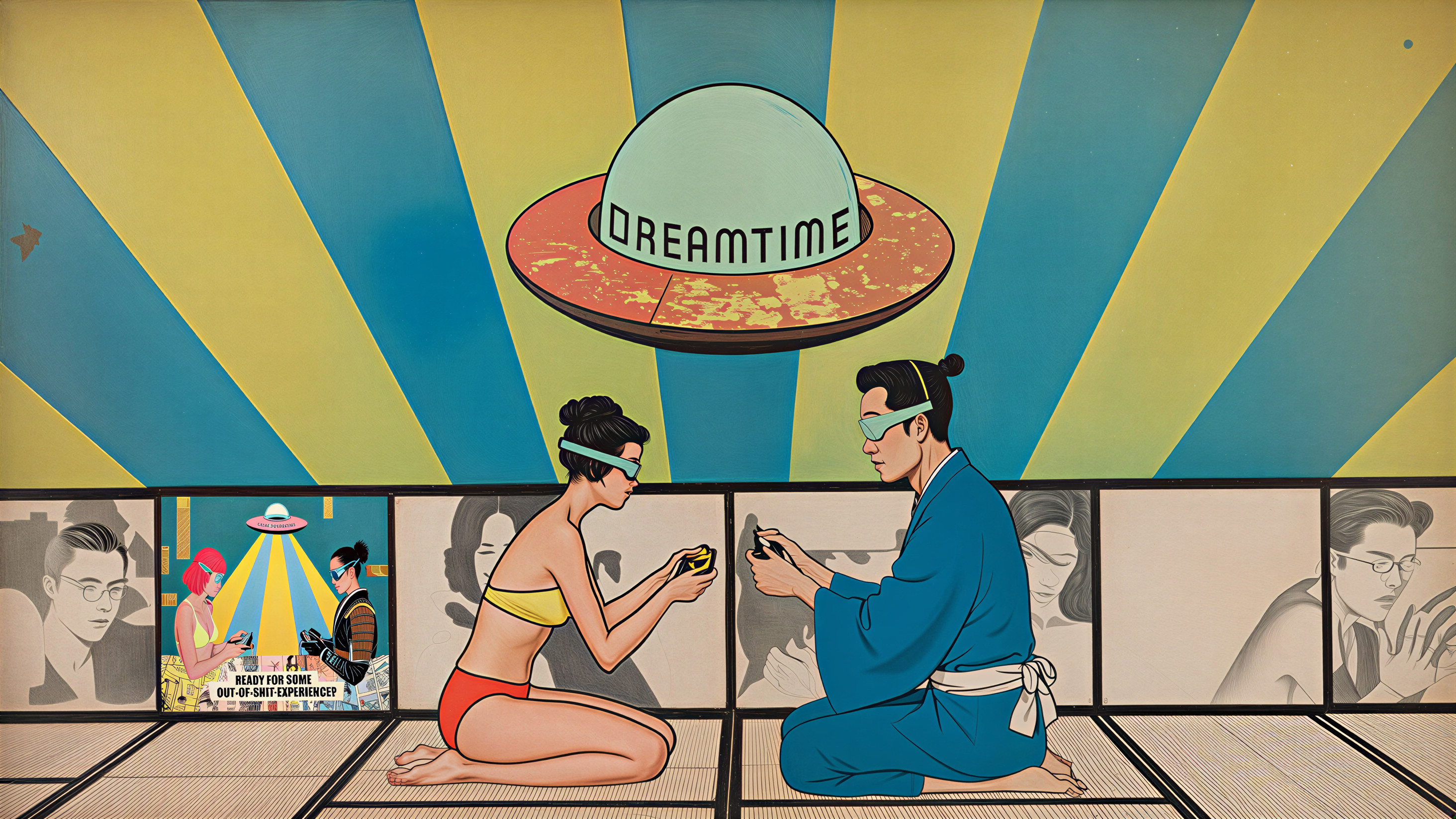 Vibrant Retro Scene with Bold Colors and Whimsical Elements