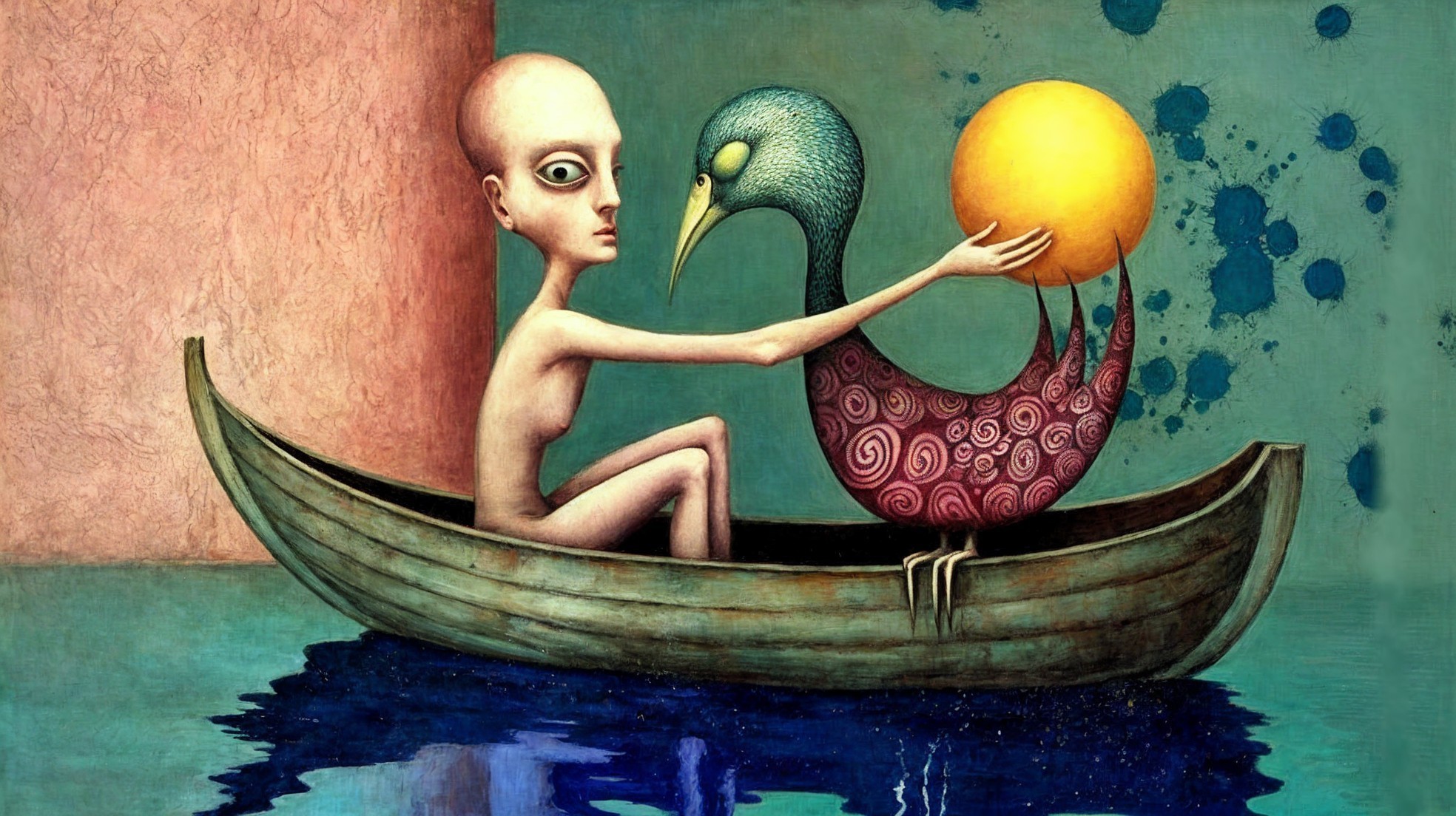 Surreal Scene of Bald Figure with Glowing Sun in Boat
