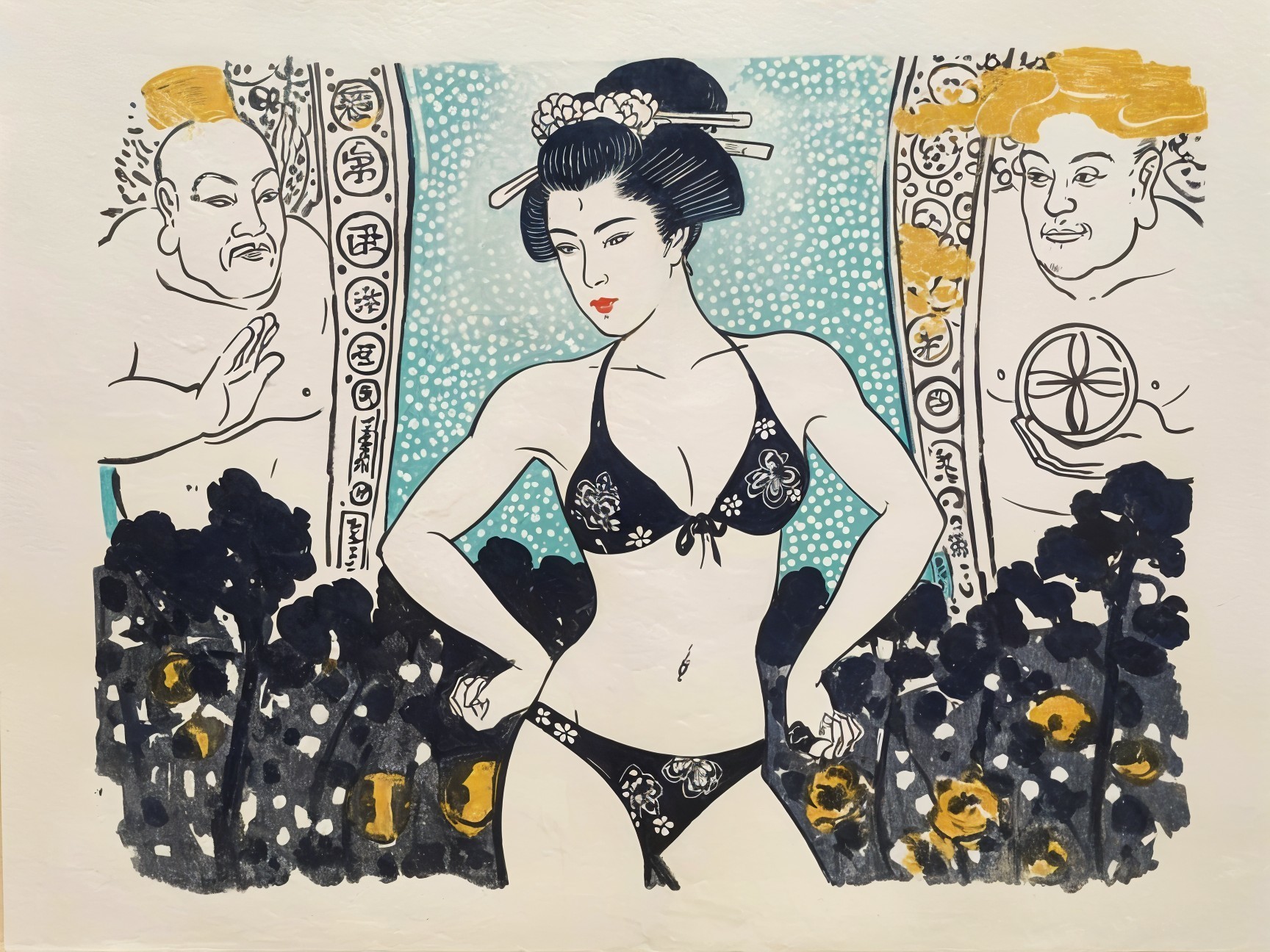 Stylized Woman in Bikini with Asian Figures and Patterns