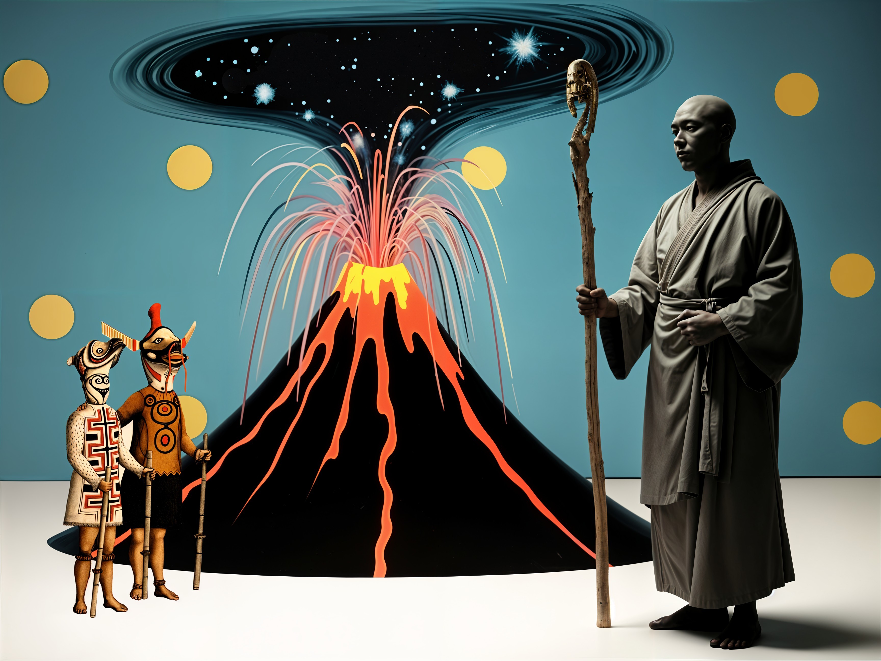 Monk and Tribal Figures in Surreal Volcanic Landscape