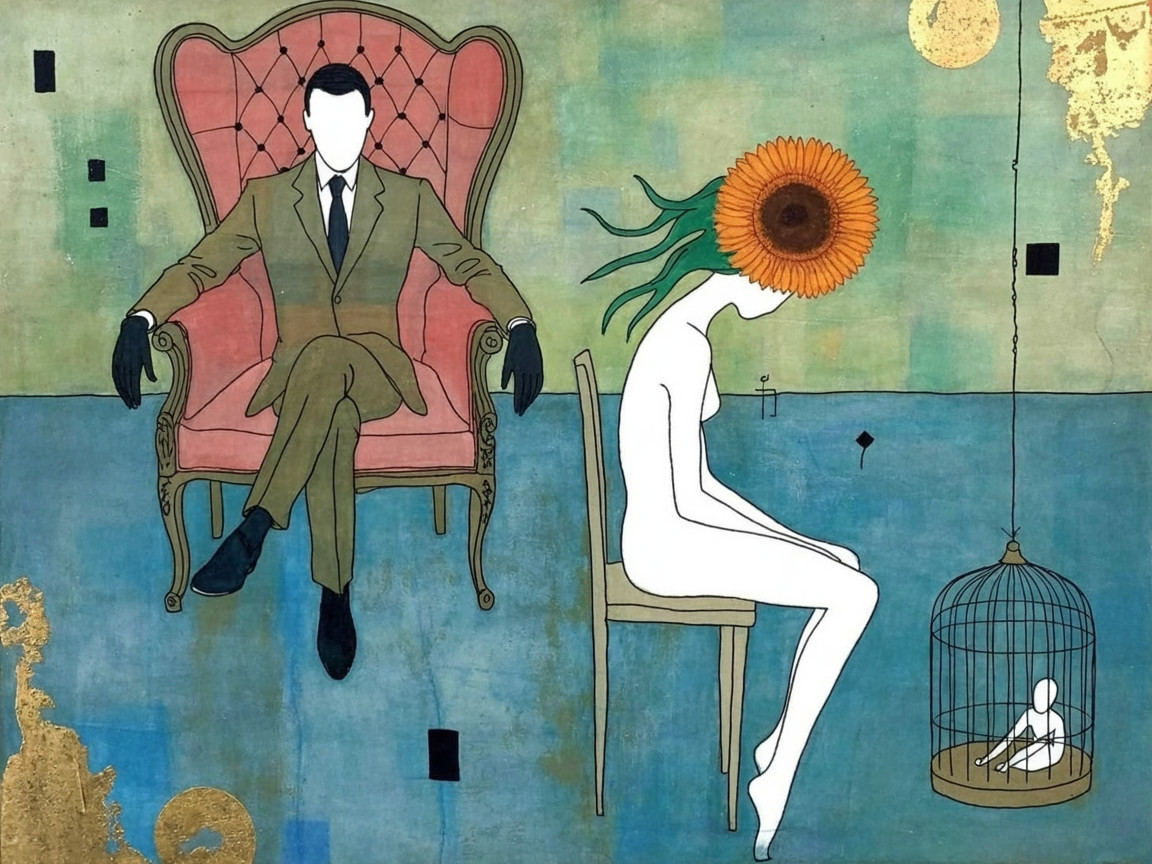 Surreal Scene with Figures in Ornate and Simple Chairs