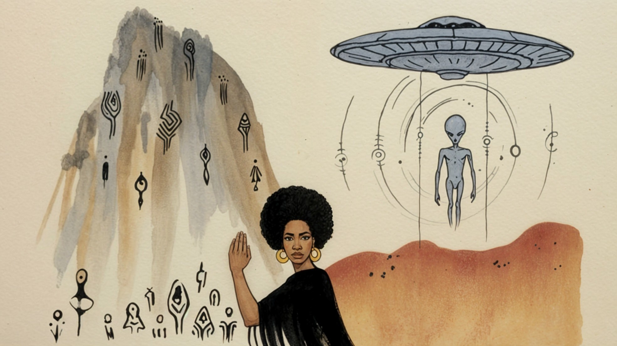Woman in Black Garment with UFO and Abstract Rocks