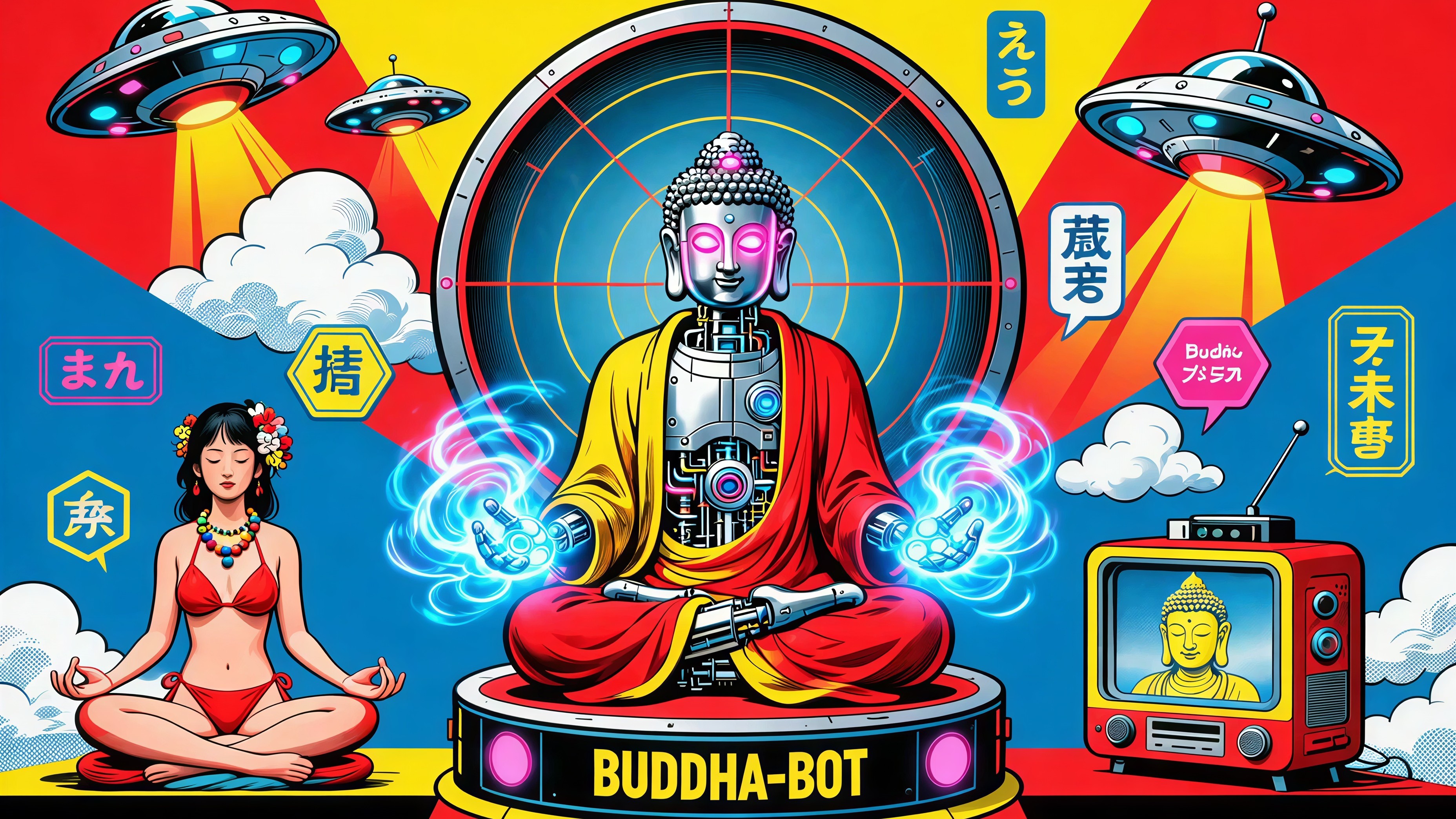 Vibrant Pop Art Illustration Featuring Robot Buddha