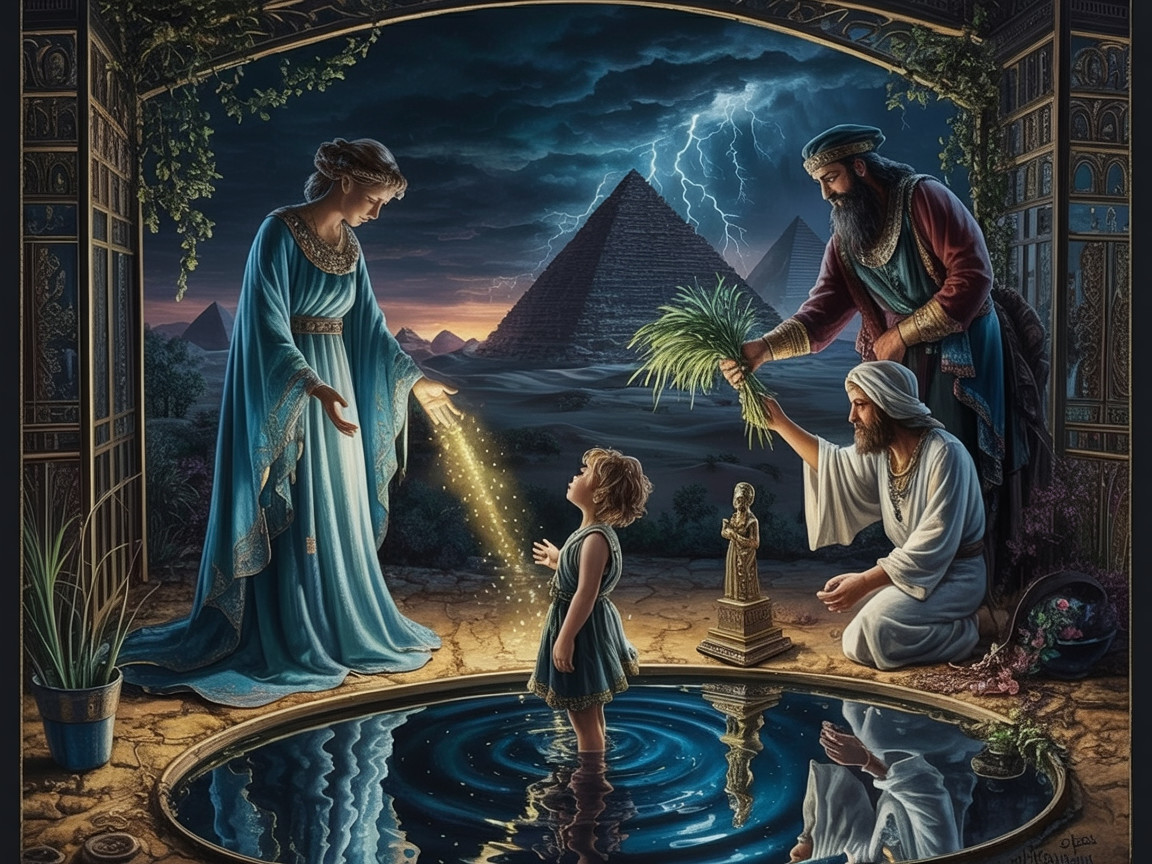 Mystical Scene with Child, Woman, and Pyramids