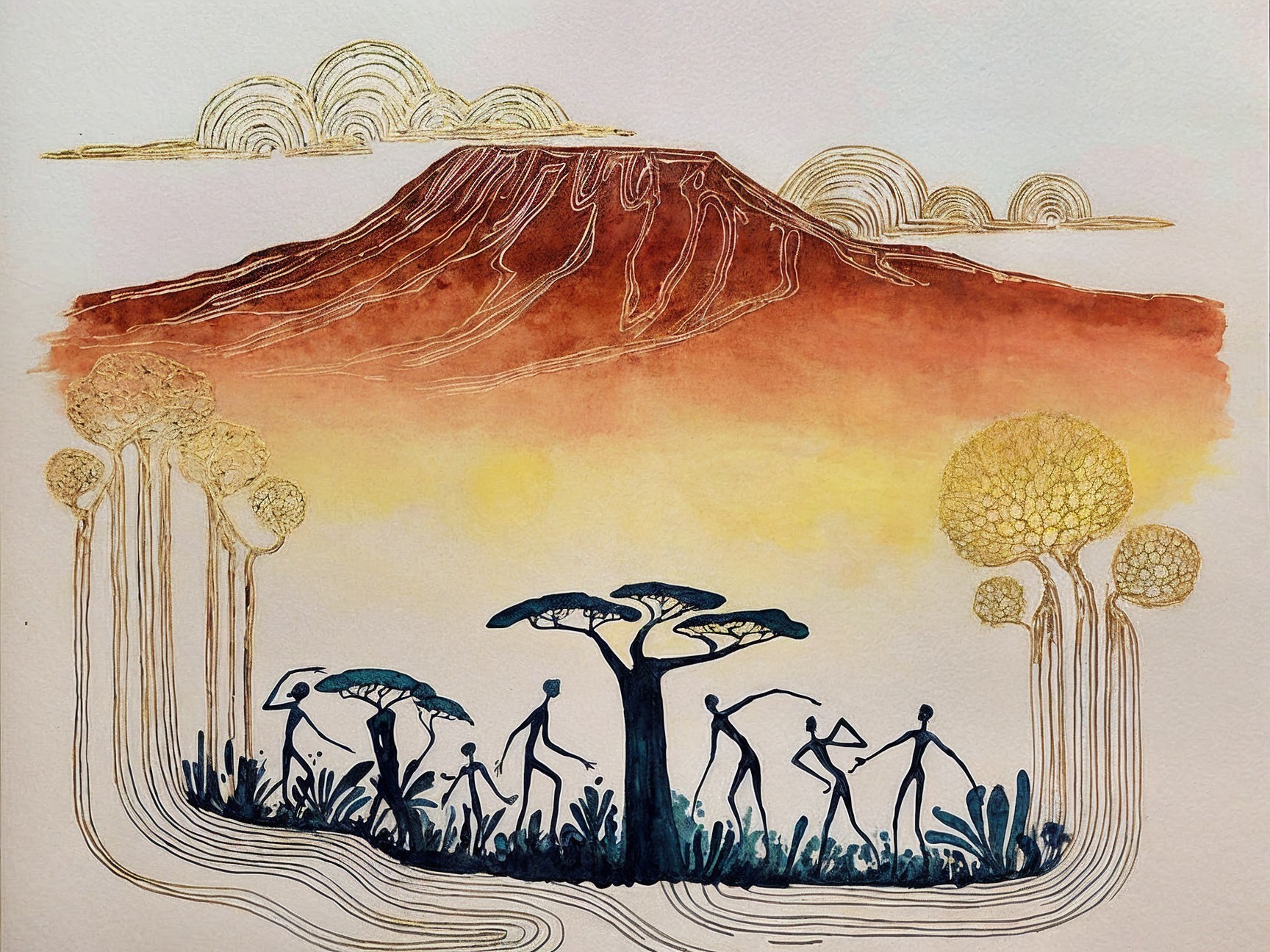 Vibrant landscape with stylized mountains and figures