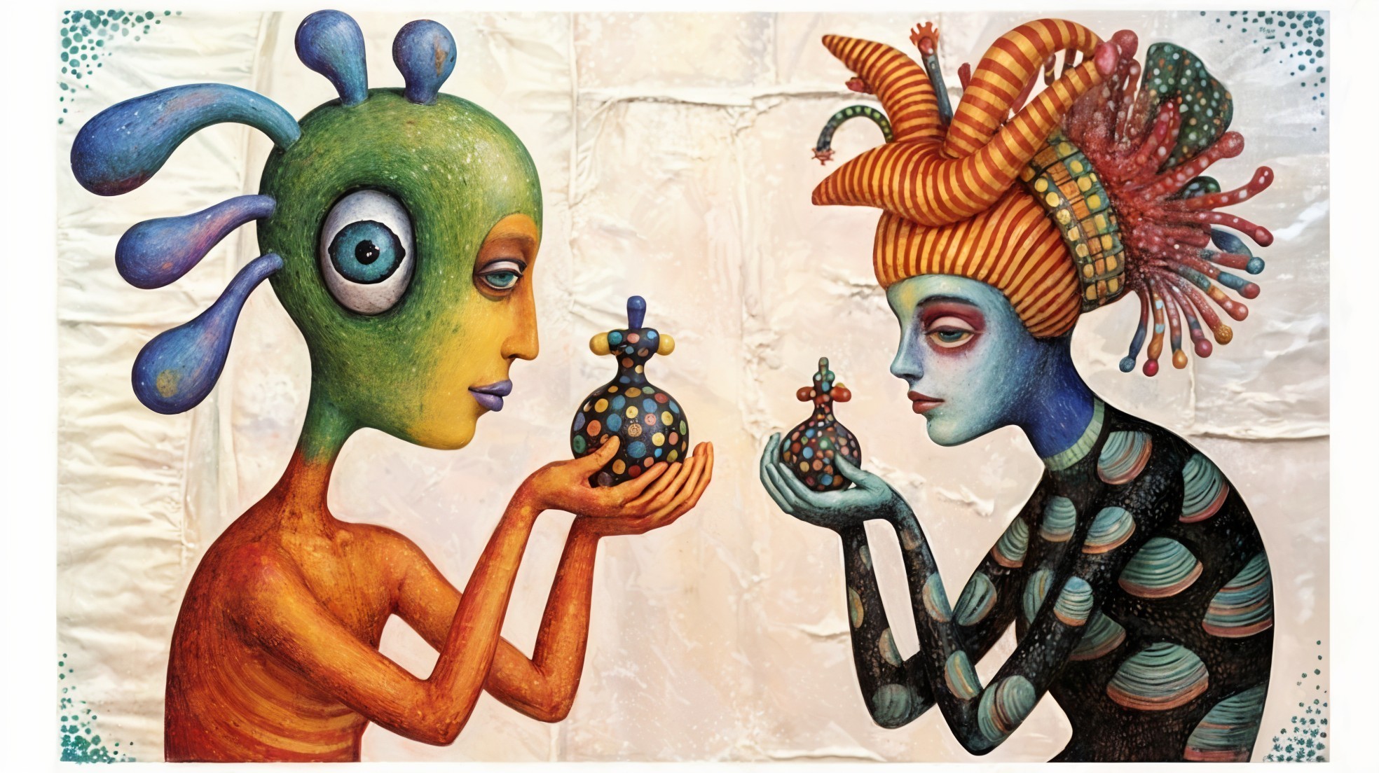 Stylized Characters with Colorful Features and Objects