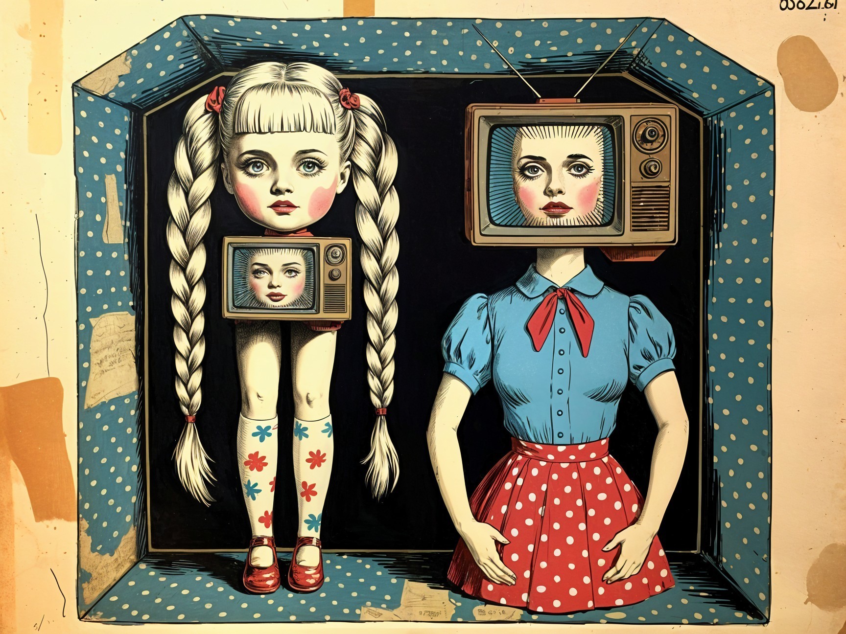 Stylized Dolls with Retro TV Heads and Playful Outfits