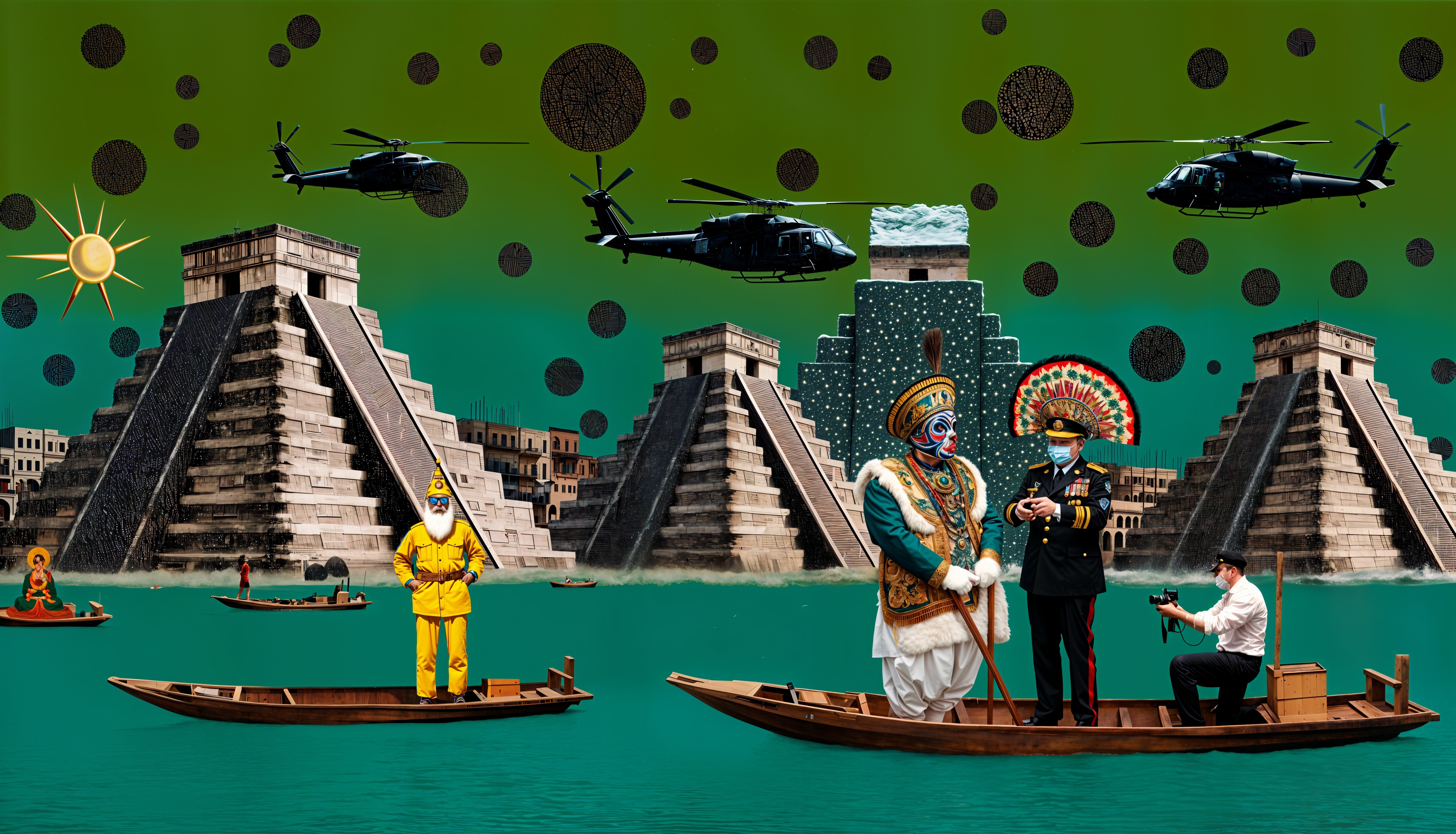 Surreal Scene with Pyramids, Helicopters, and Boats