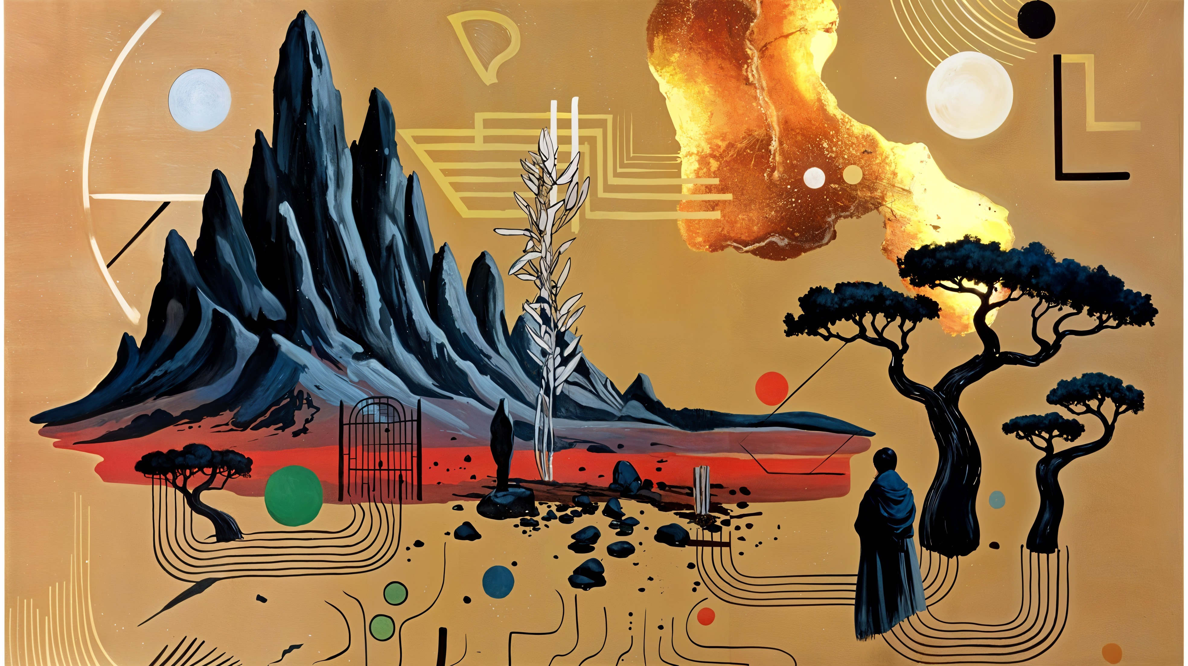 Surreal Landscape with Mountains and Abstract Shapes