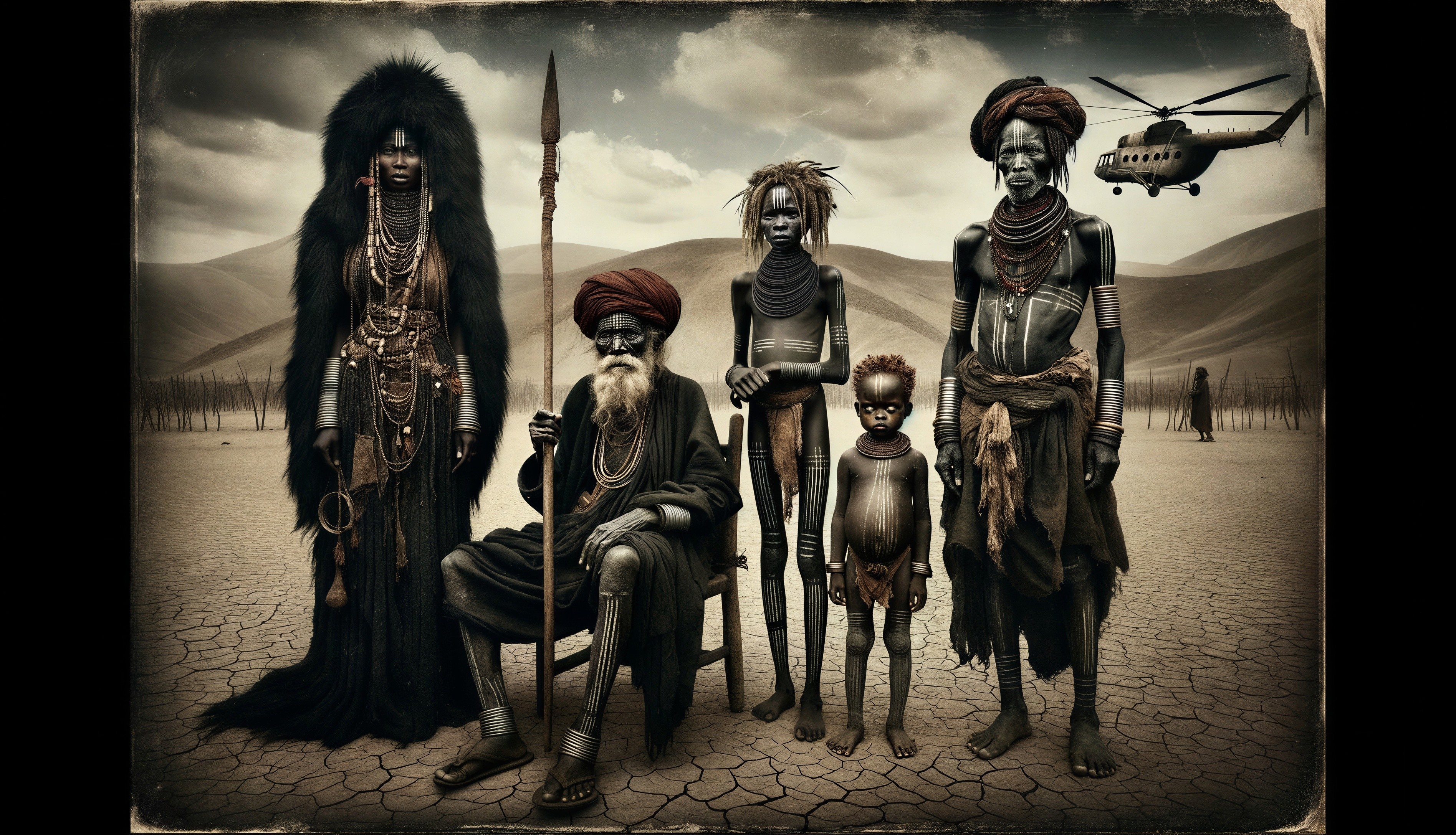 Group in Traditional Attire in Dry Landscape with Helicopter