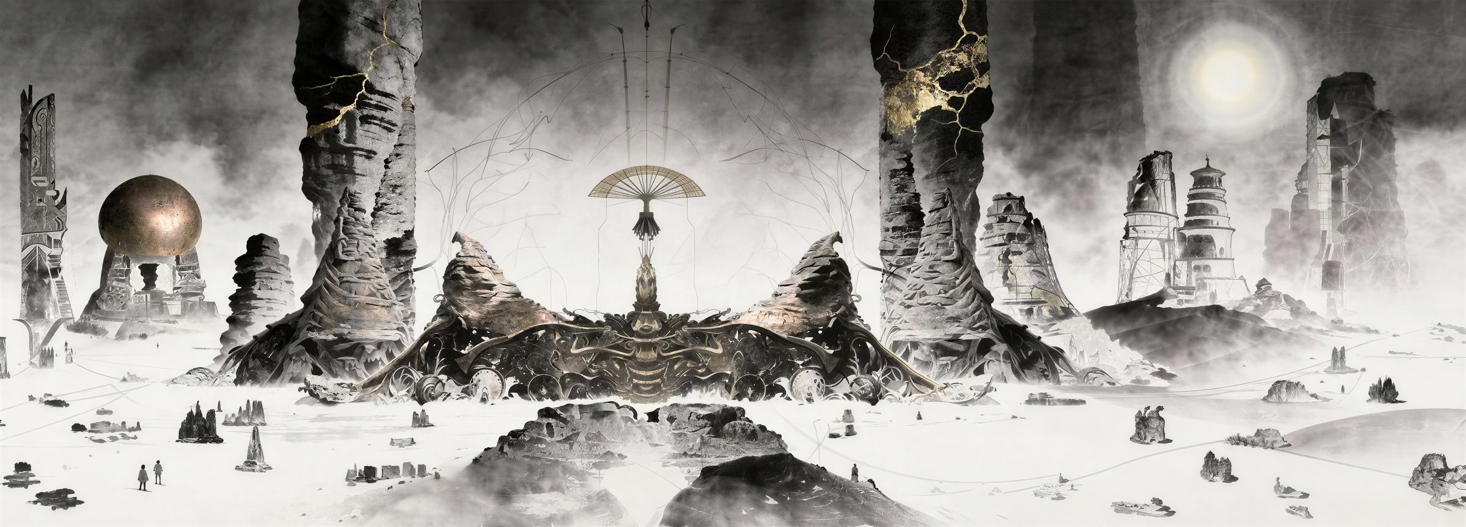 Detailed Ink Painting of Futuristic Barren Landscape