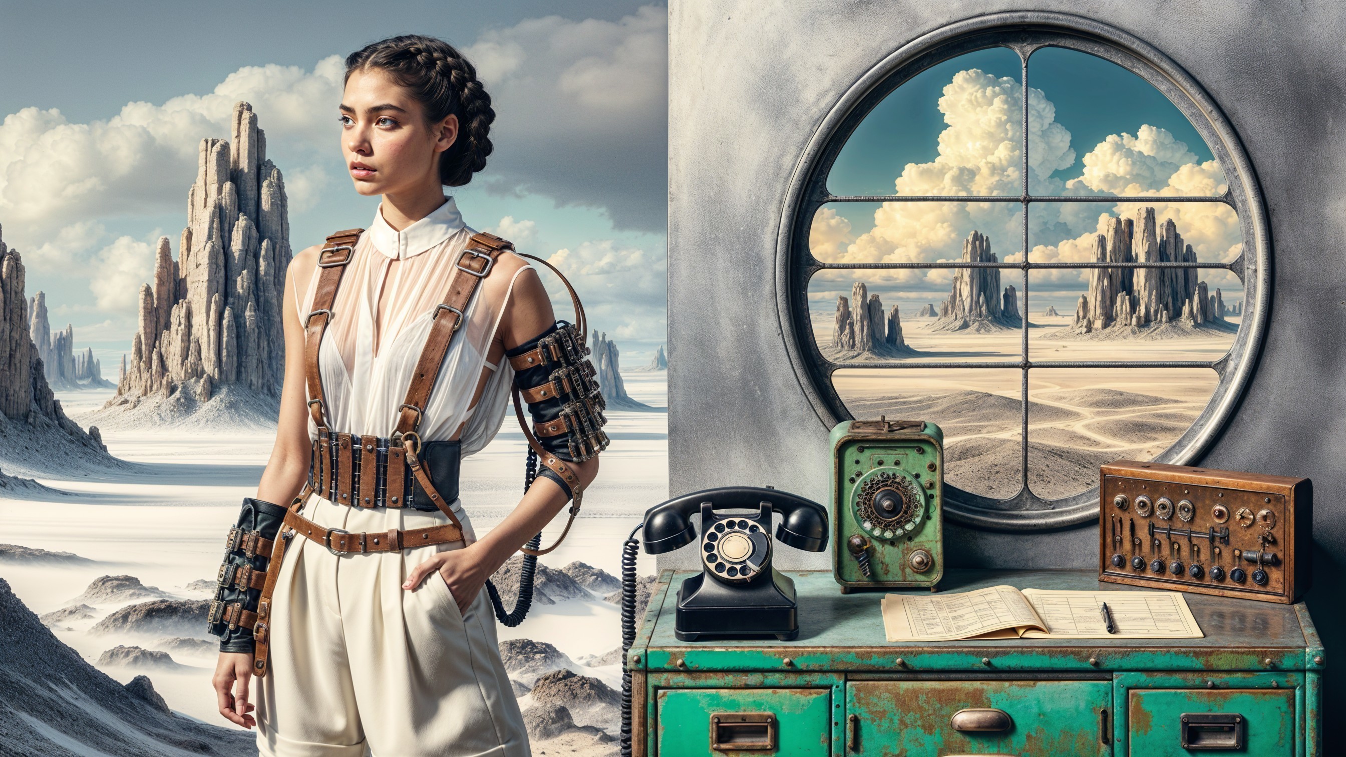 Futuristic female figure in a surreal barren landscape