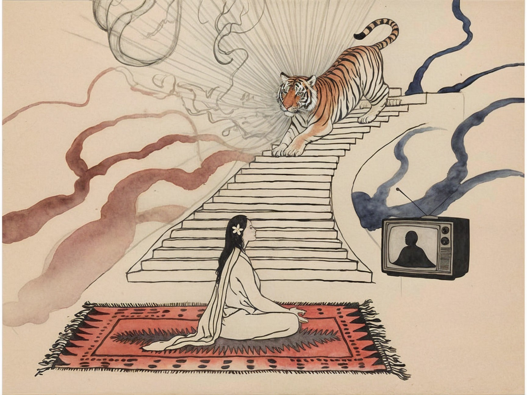 Surreal Artwork Featuring a Figure and Majestic Tiger