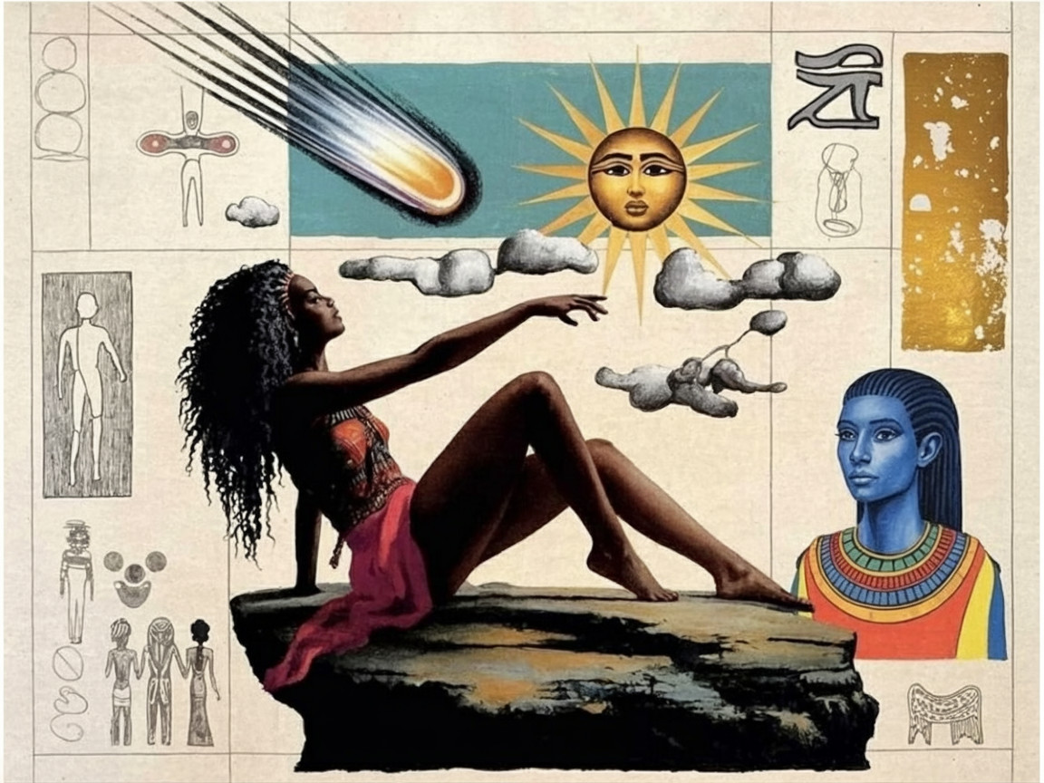 Woman in Colorful Attire with Cosmic and Ancient Symbols