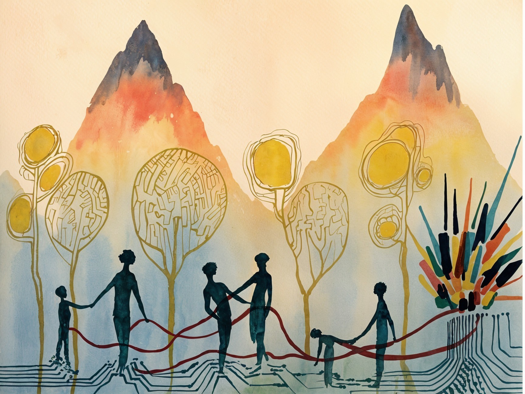 Serene Landscape with Colorful Mountains and Unity Symbols