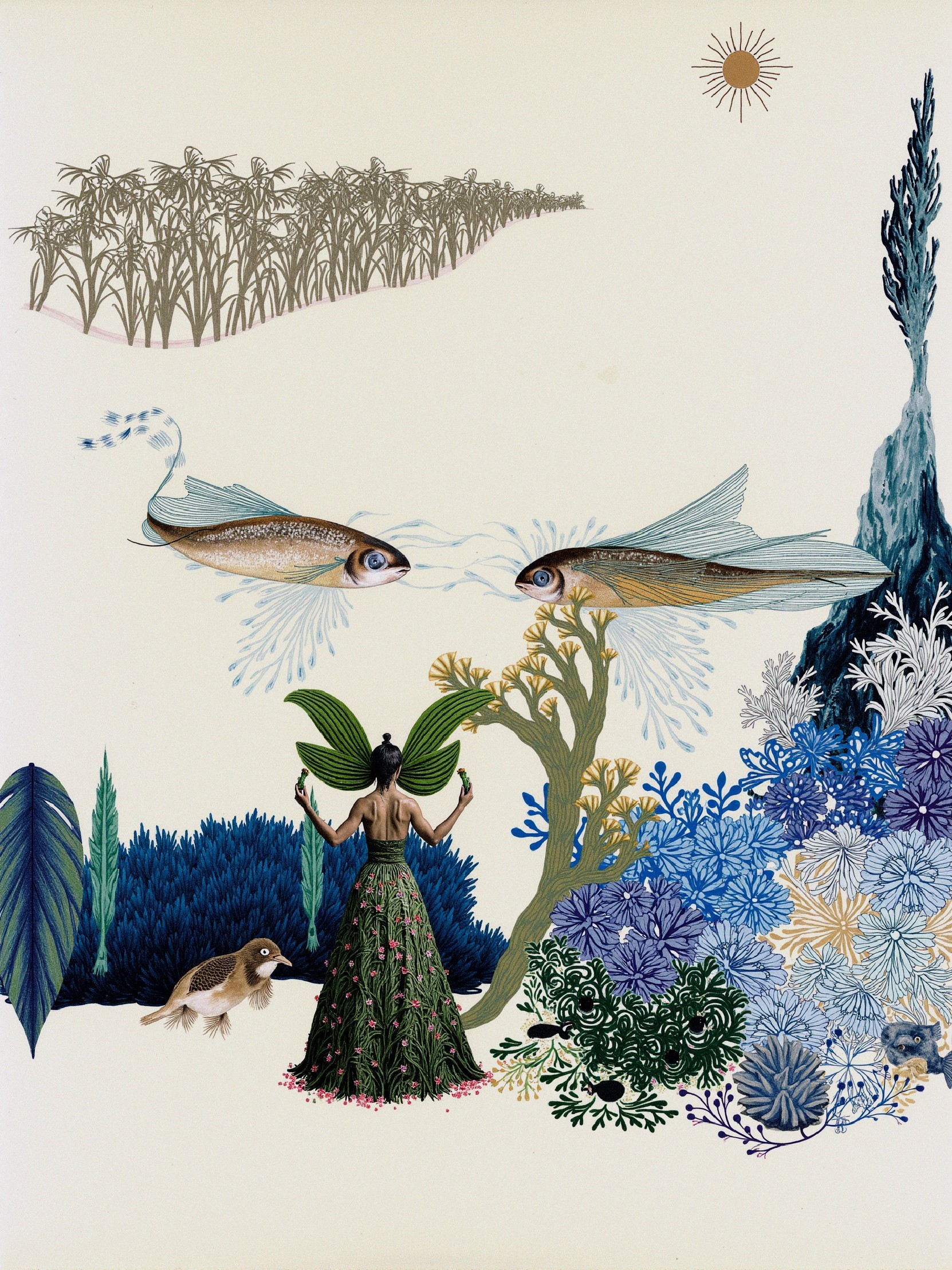 Surreal Artwork of Woman with Fish and Vibrant Plants