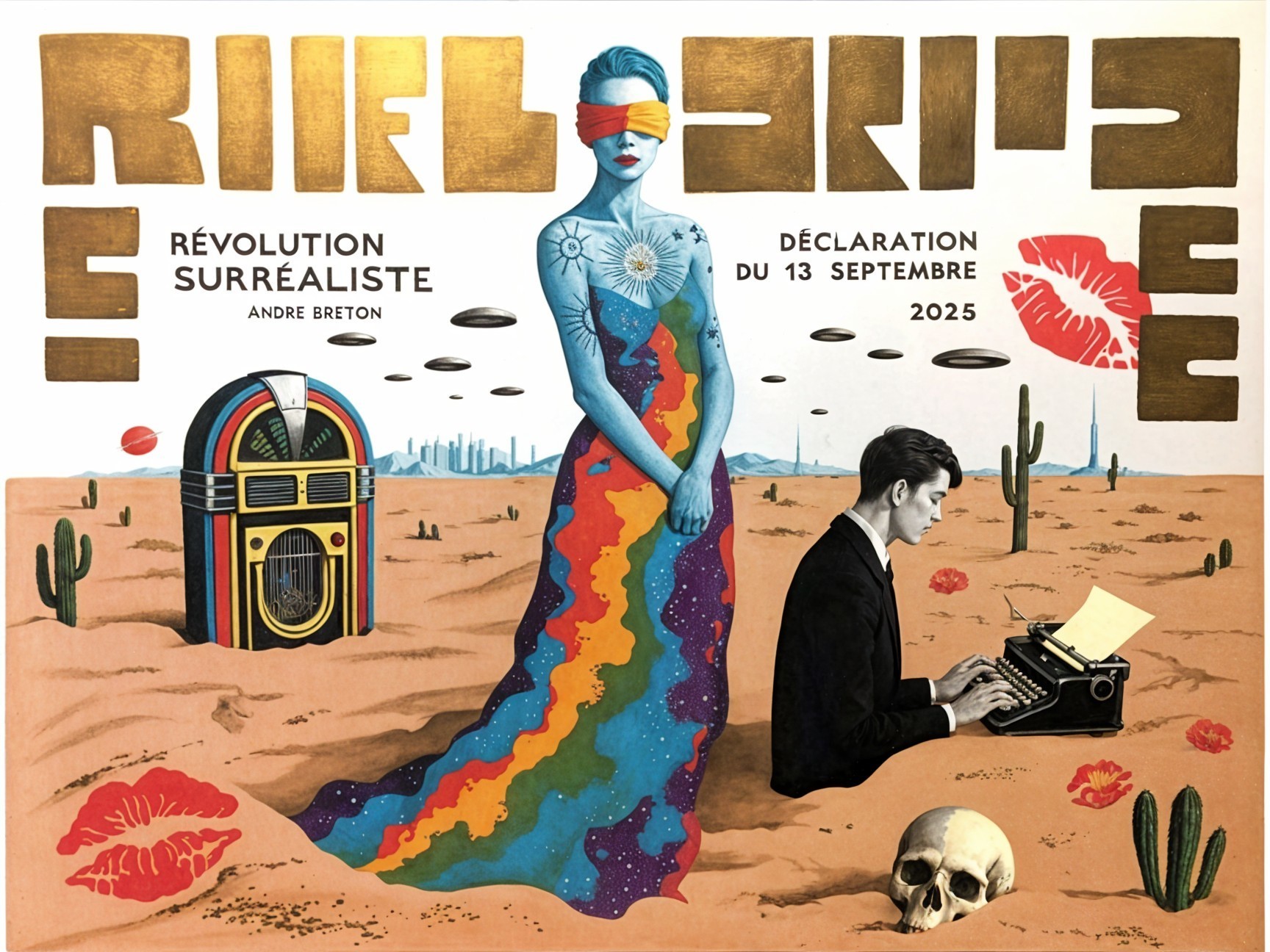 Surreal Landscape with Woman in Rainbow Gown and Jukebox