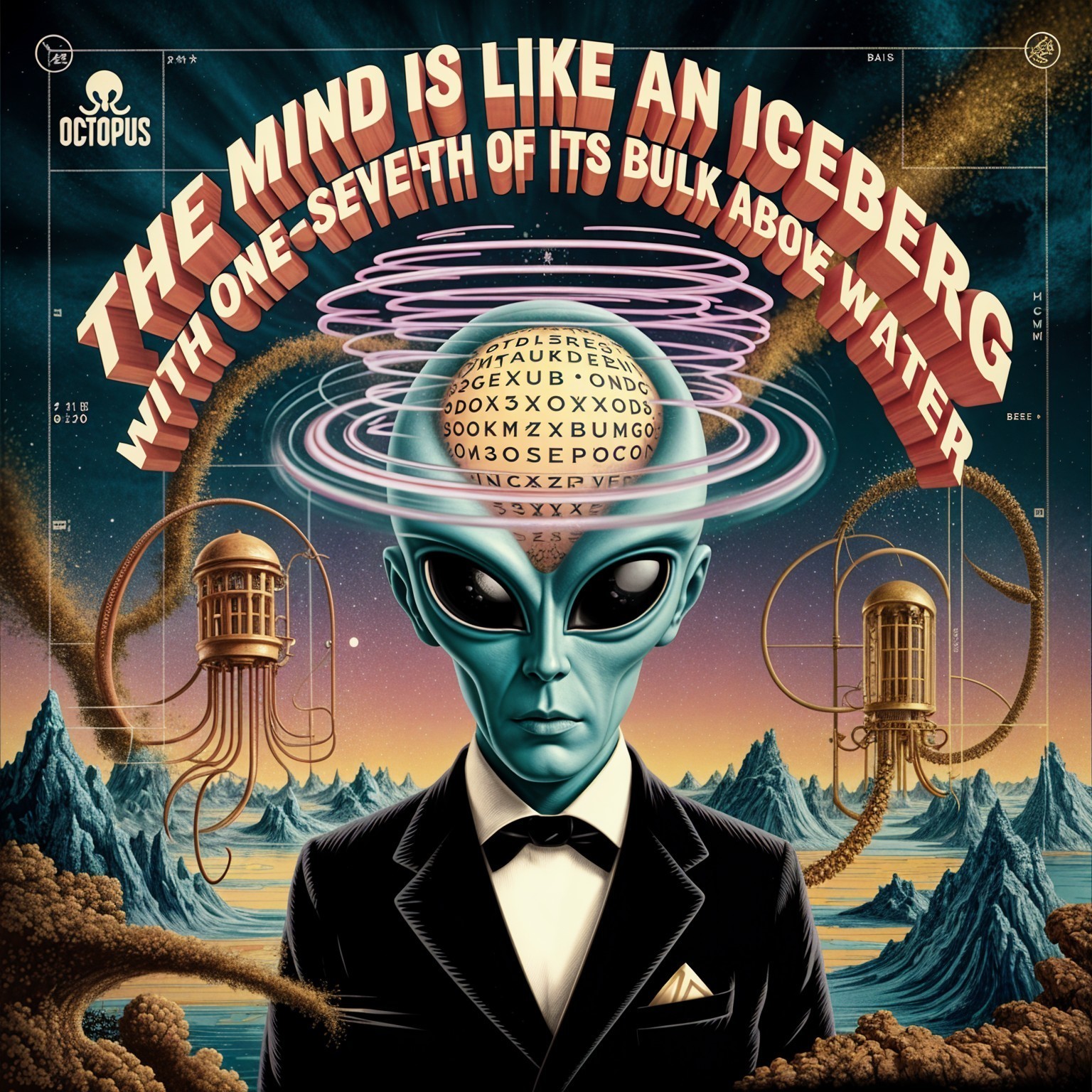 Stylized Alien in Tuxedo with Surreal Backdrop