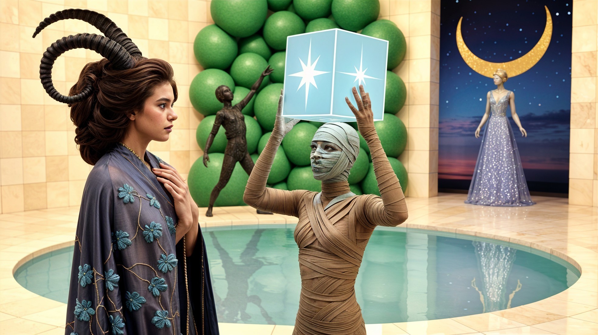 Surreal Scene with Horned Woman and Glowing Cube