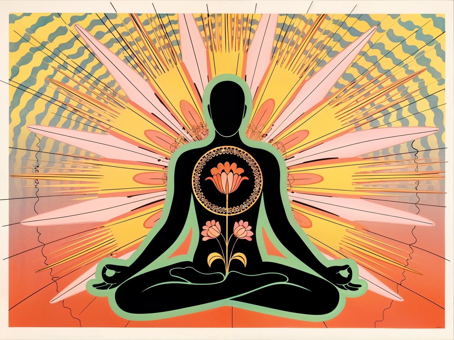Meditating Figure in Lotus Position with Vibrant Colors