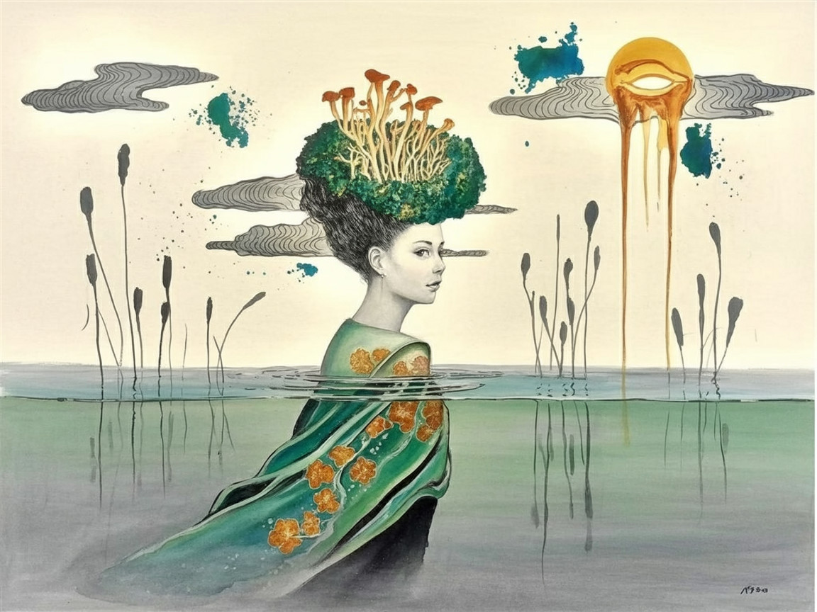 Serene Figure in Water with Floral Green Robe