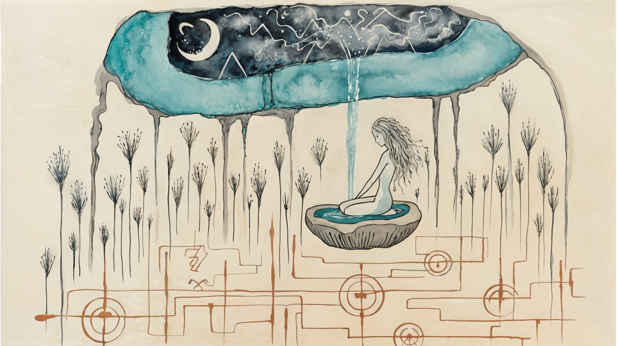 Serene Figure in Circular Basin with Night Sky Motifs