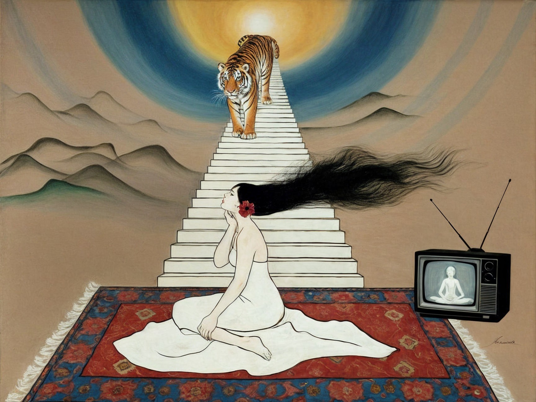 Surreal Scene with Woman, Tiger, and Vintage Television