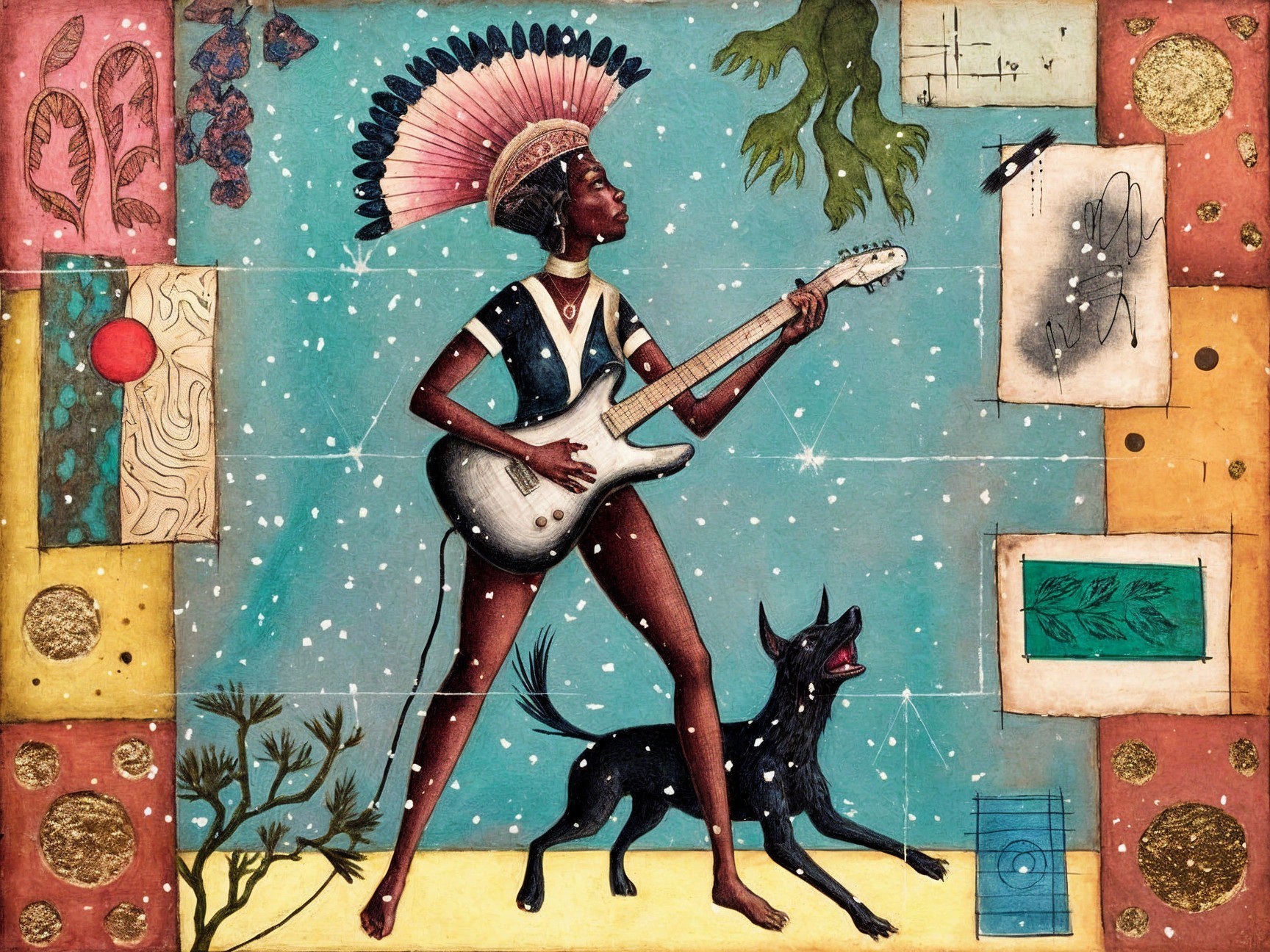 Vibrant Artwork of Woman with Feather Headdress and Guitar