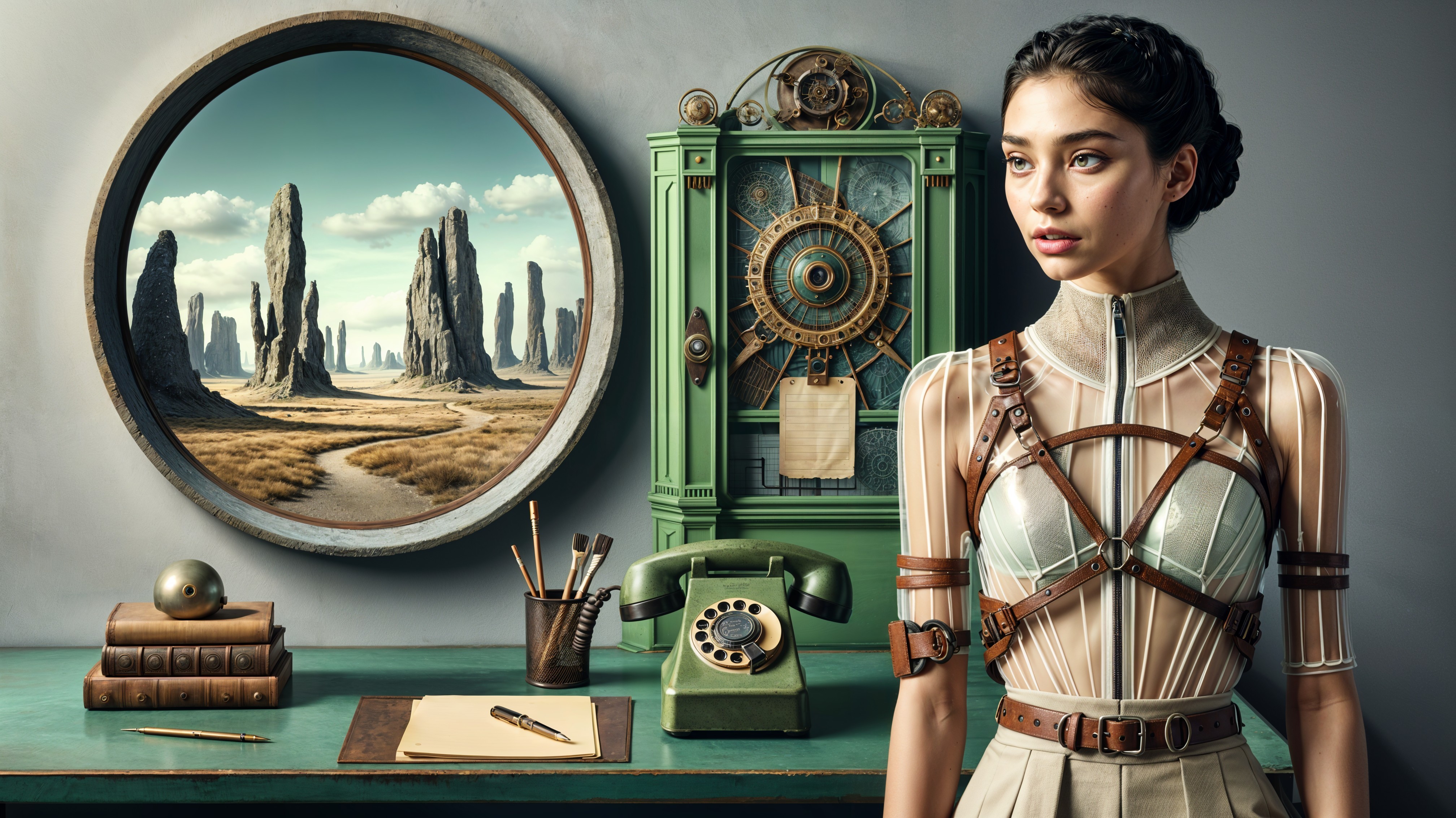 Woman in Retro-Themed Setup with Surreal Landscape