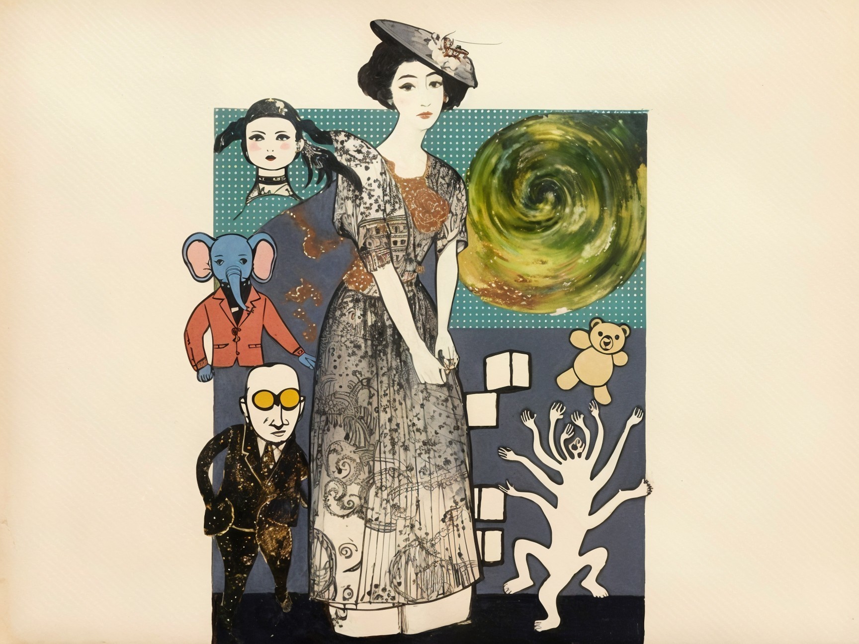 Whimsical Collage with Vintage Woman and Stylized Characters