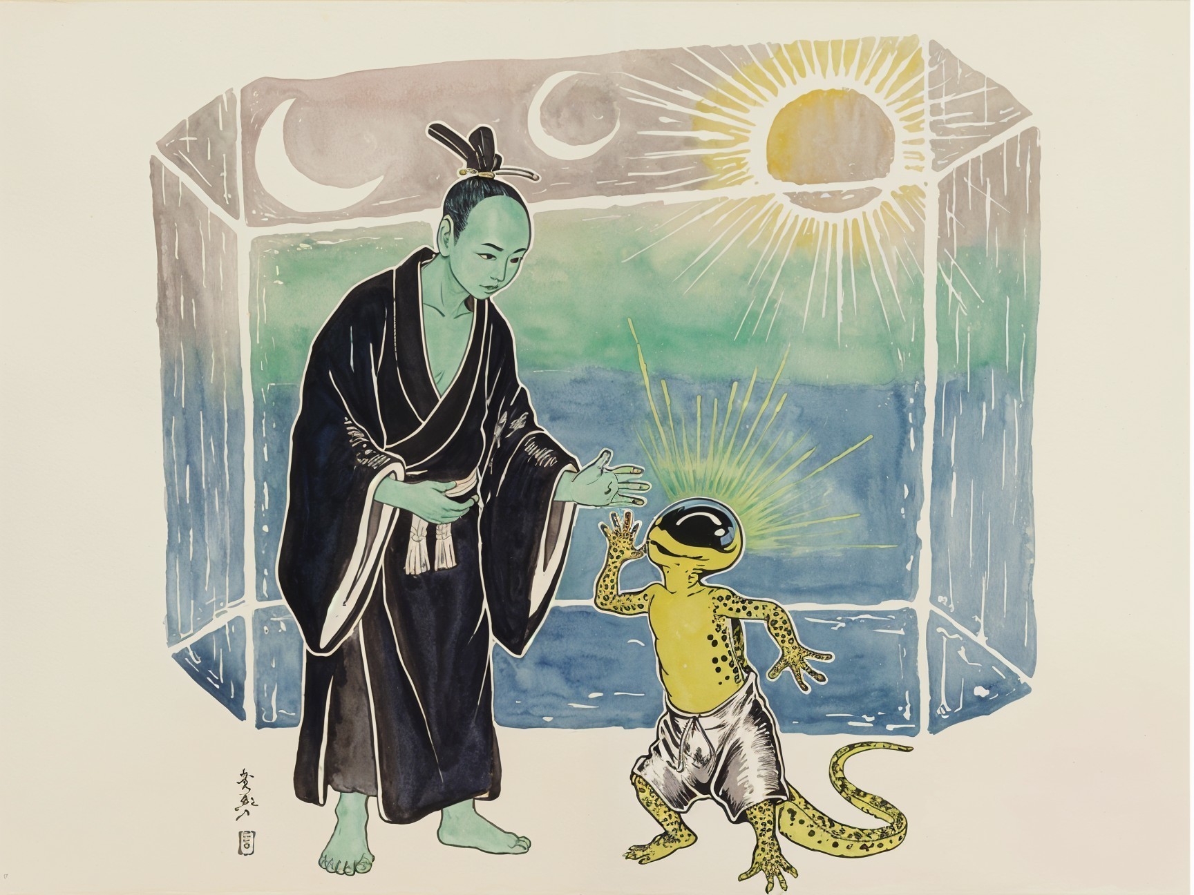 Whimsical Japanese Attire with Humanoid Reptilian Creature