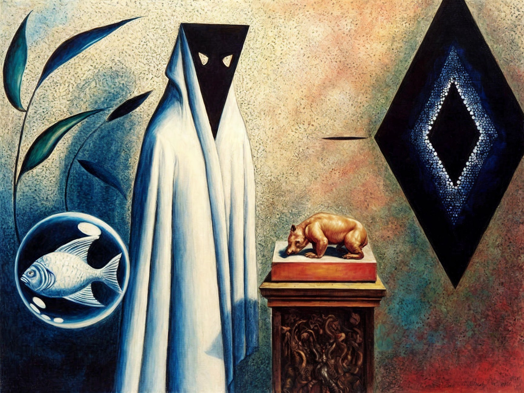 Mysterious White Figure with Fish and Bear Statue