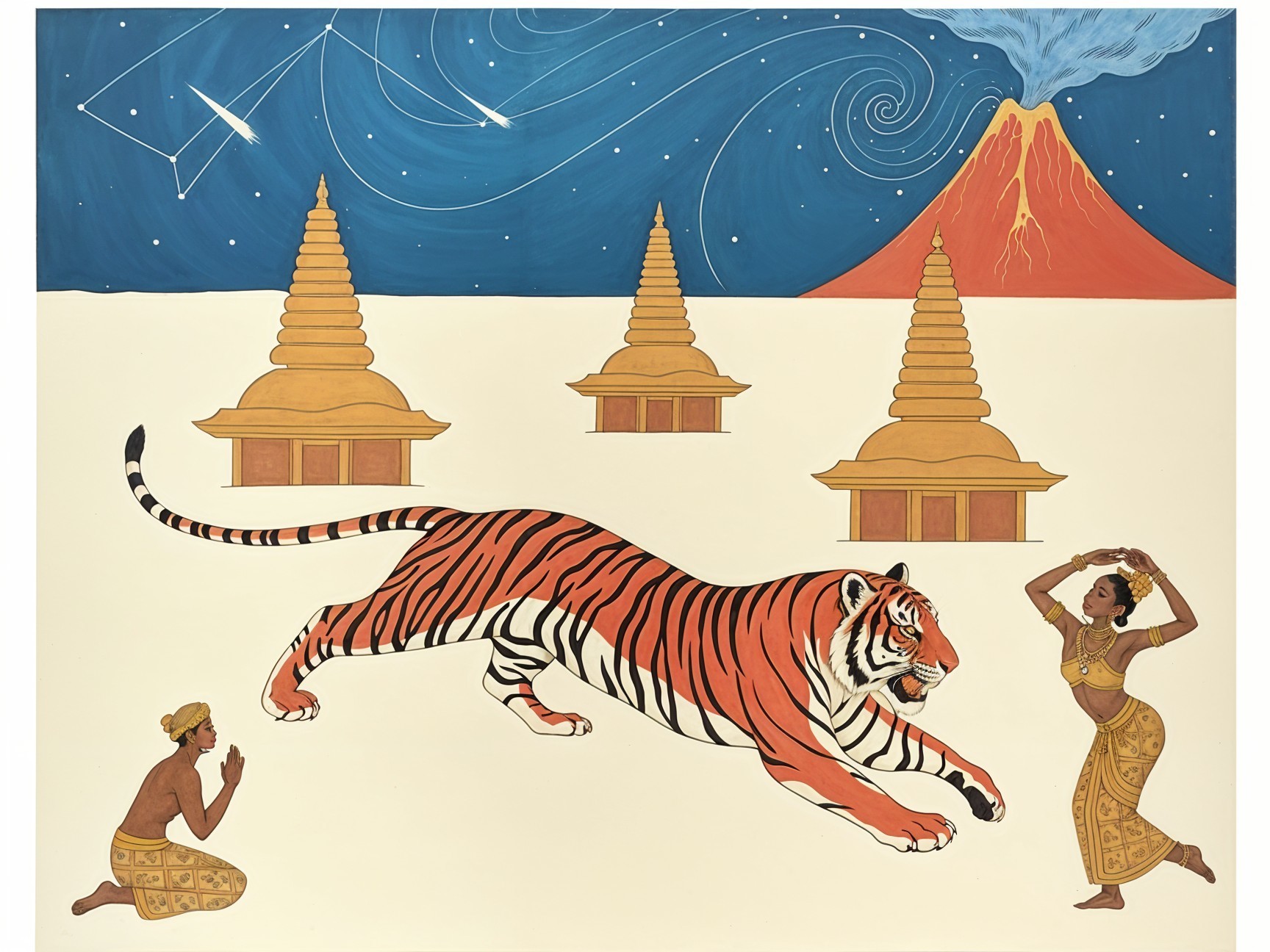 Vibrant Tiger Leaping with Starry Sky and Volcano