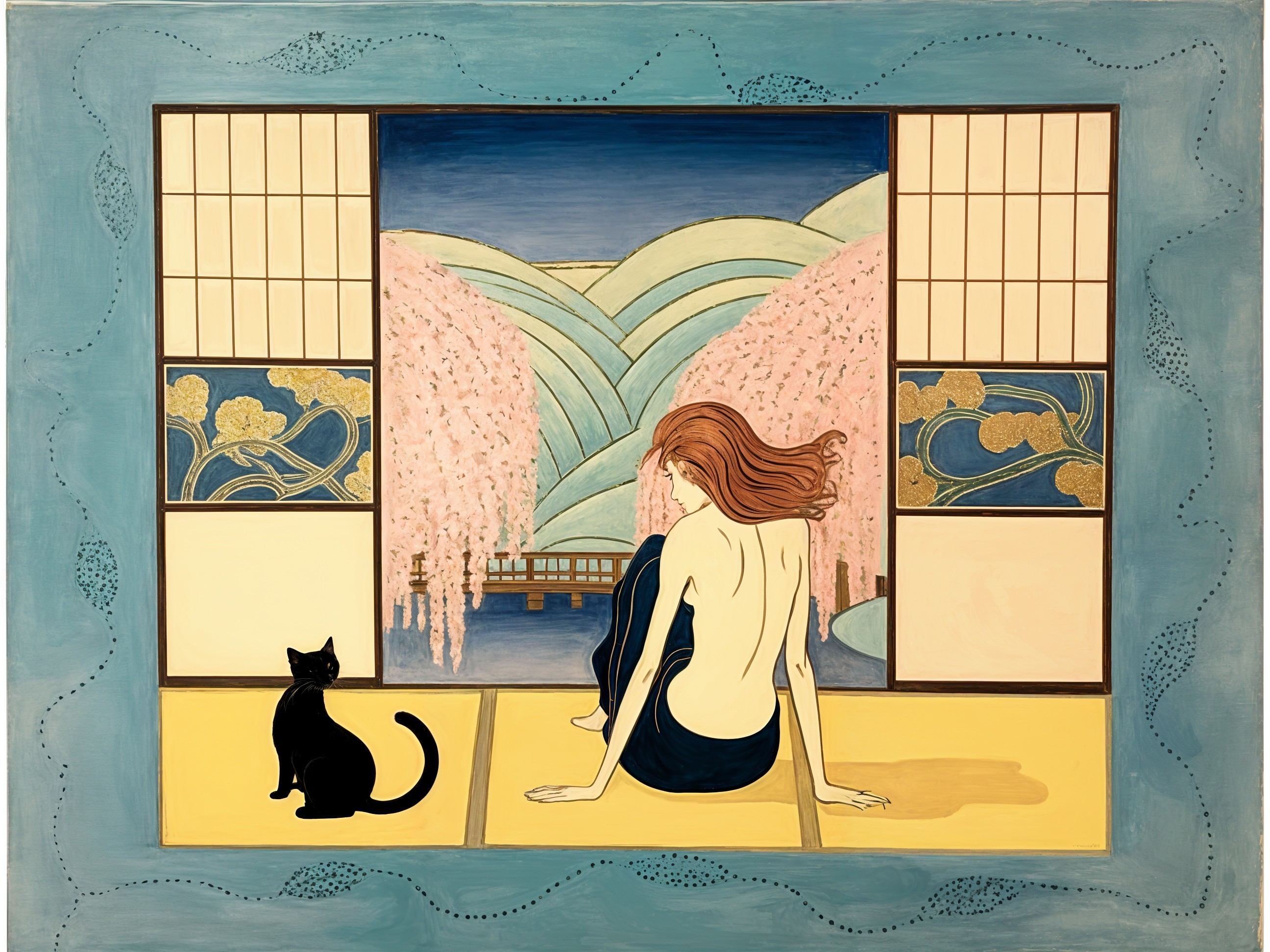 Serene Scene of Woman by Window with Cherry Blossoms