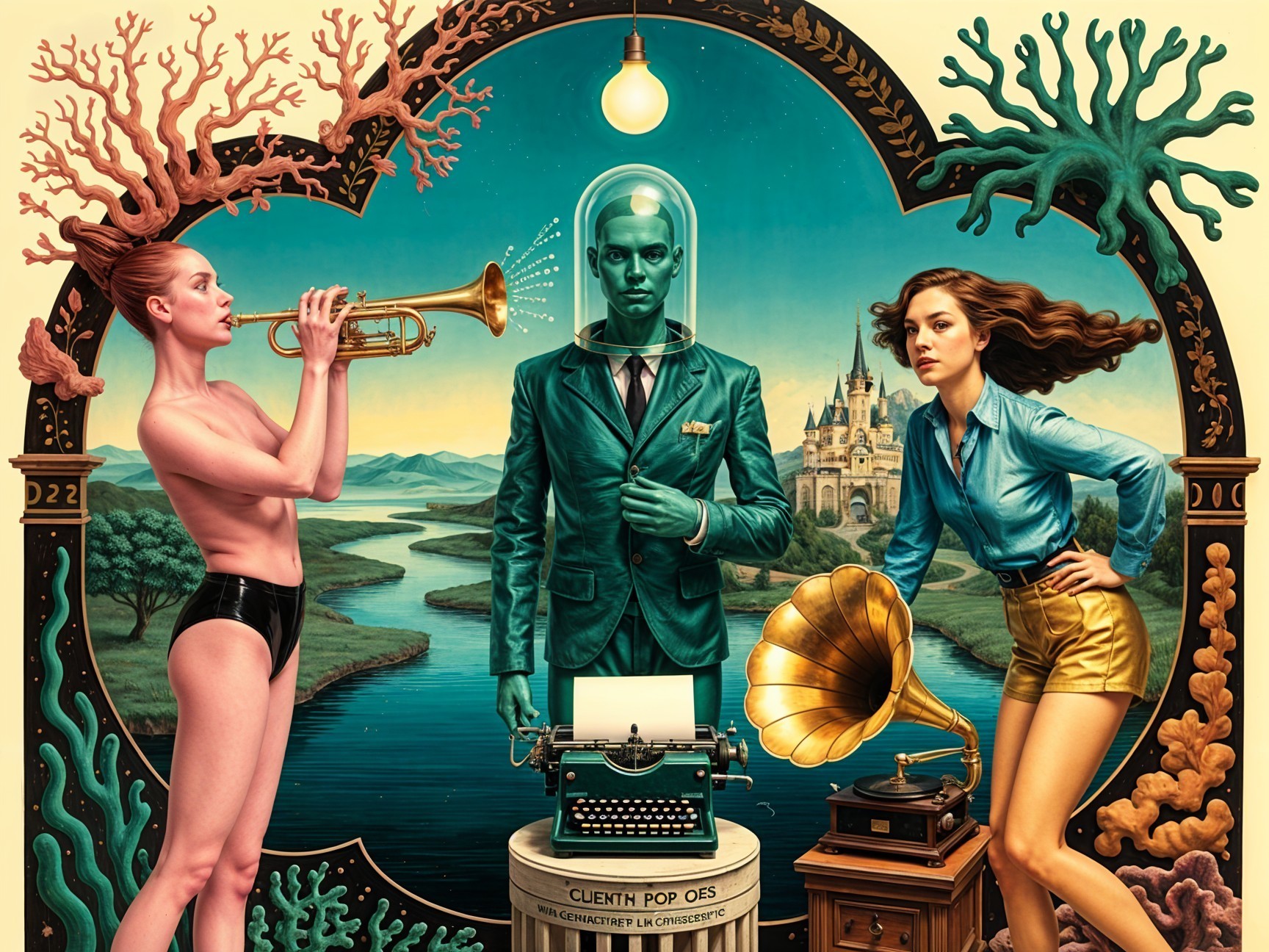 Surreal Artwork with Women, Vintage Gramophone, and Dome