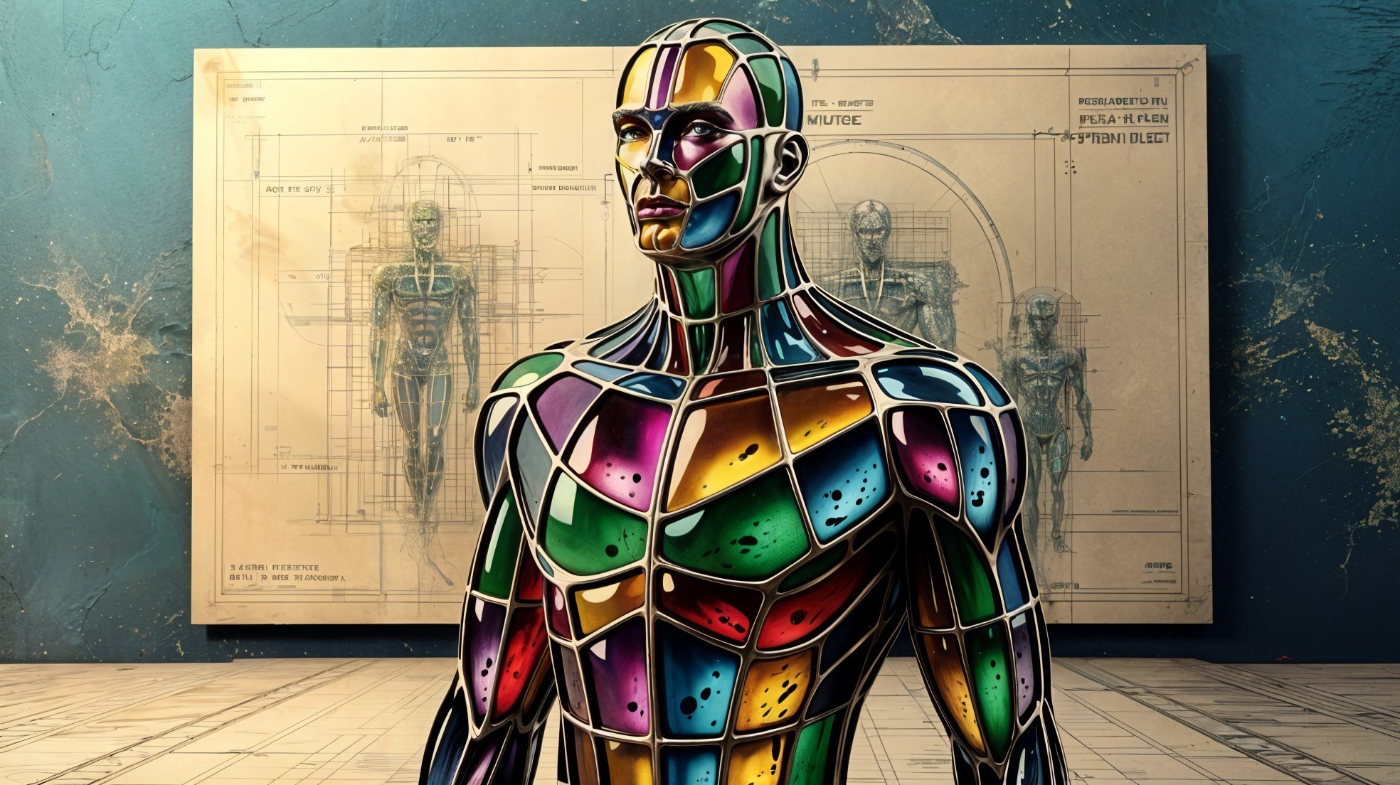 Futuristic Anatomical Figure with Colorful Mosaic Design