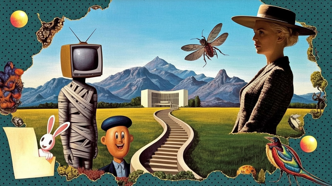 Surreal Collage with Whimsical Characters and Landscape