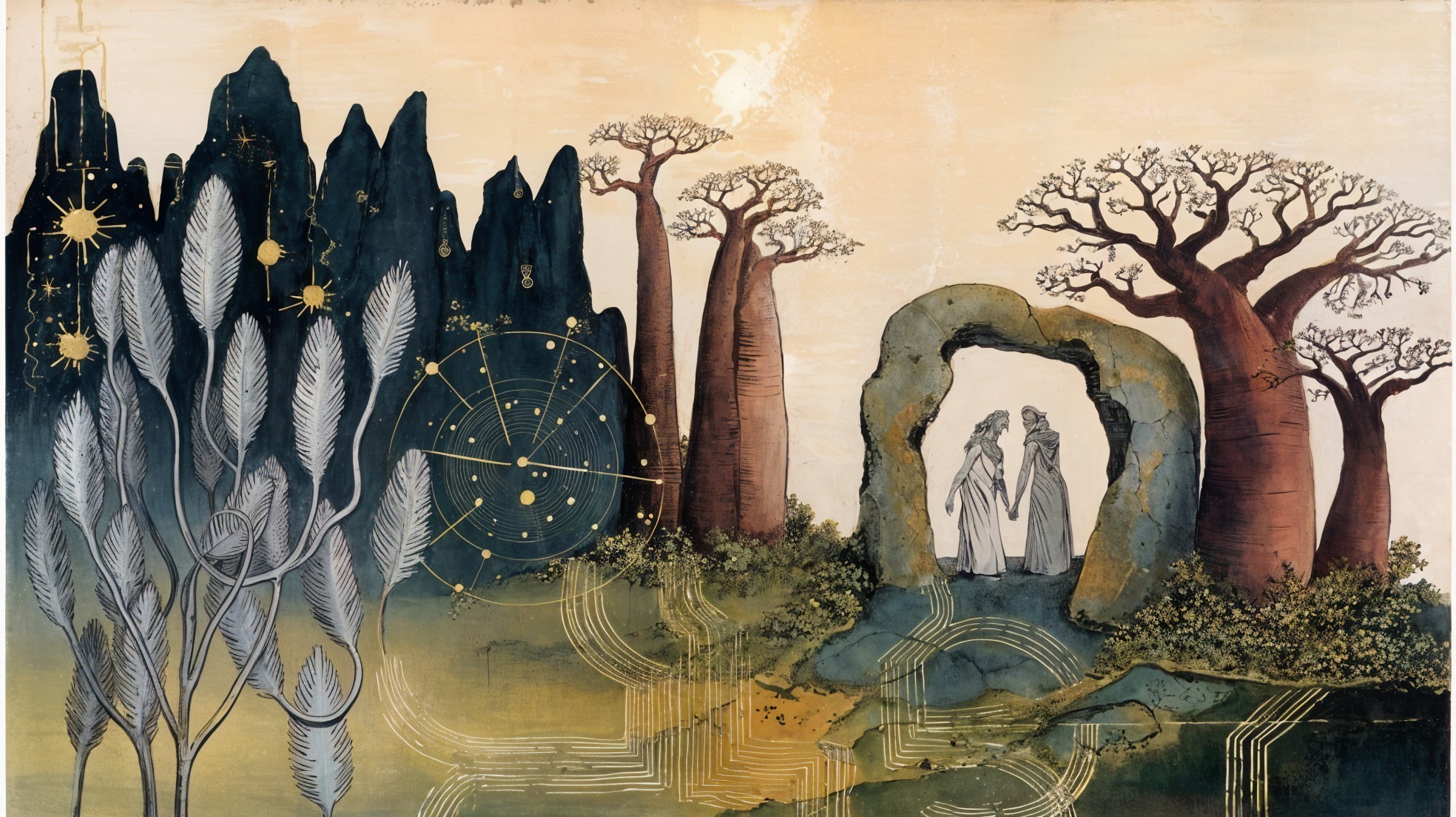Ethereal Landscape with Mountains and Baobab Trees