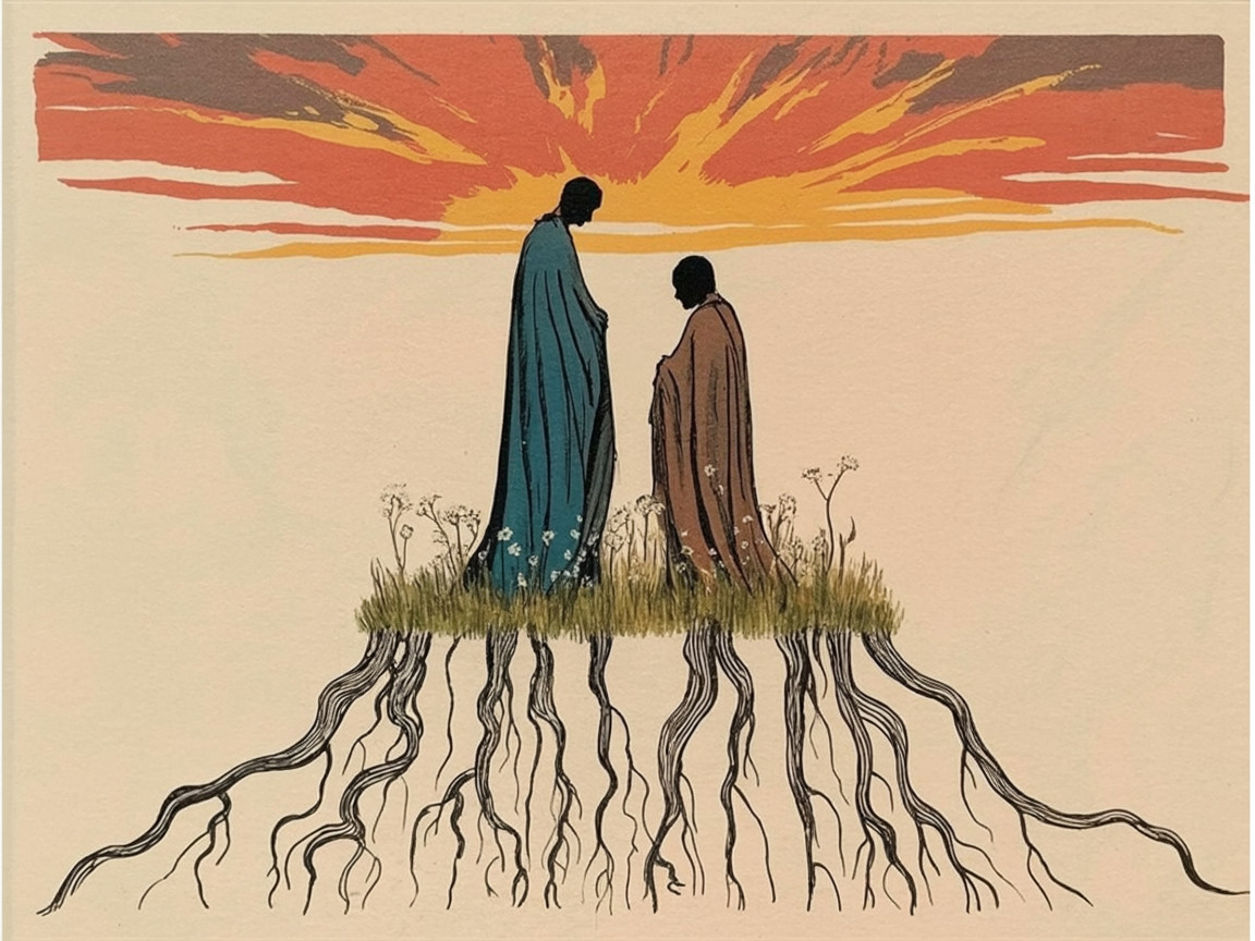 Figures in Cloaks Amidst Wildflowers and Sunset