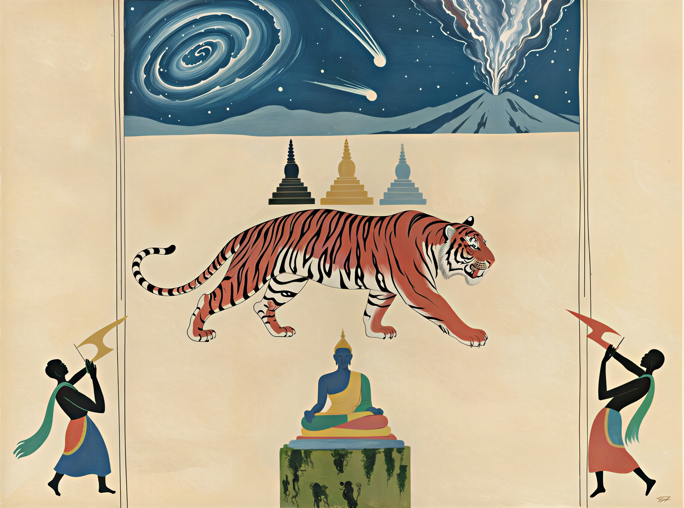 Tiger in Cosmic Landscape with Buddha and Stupas
