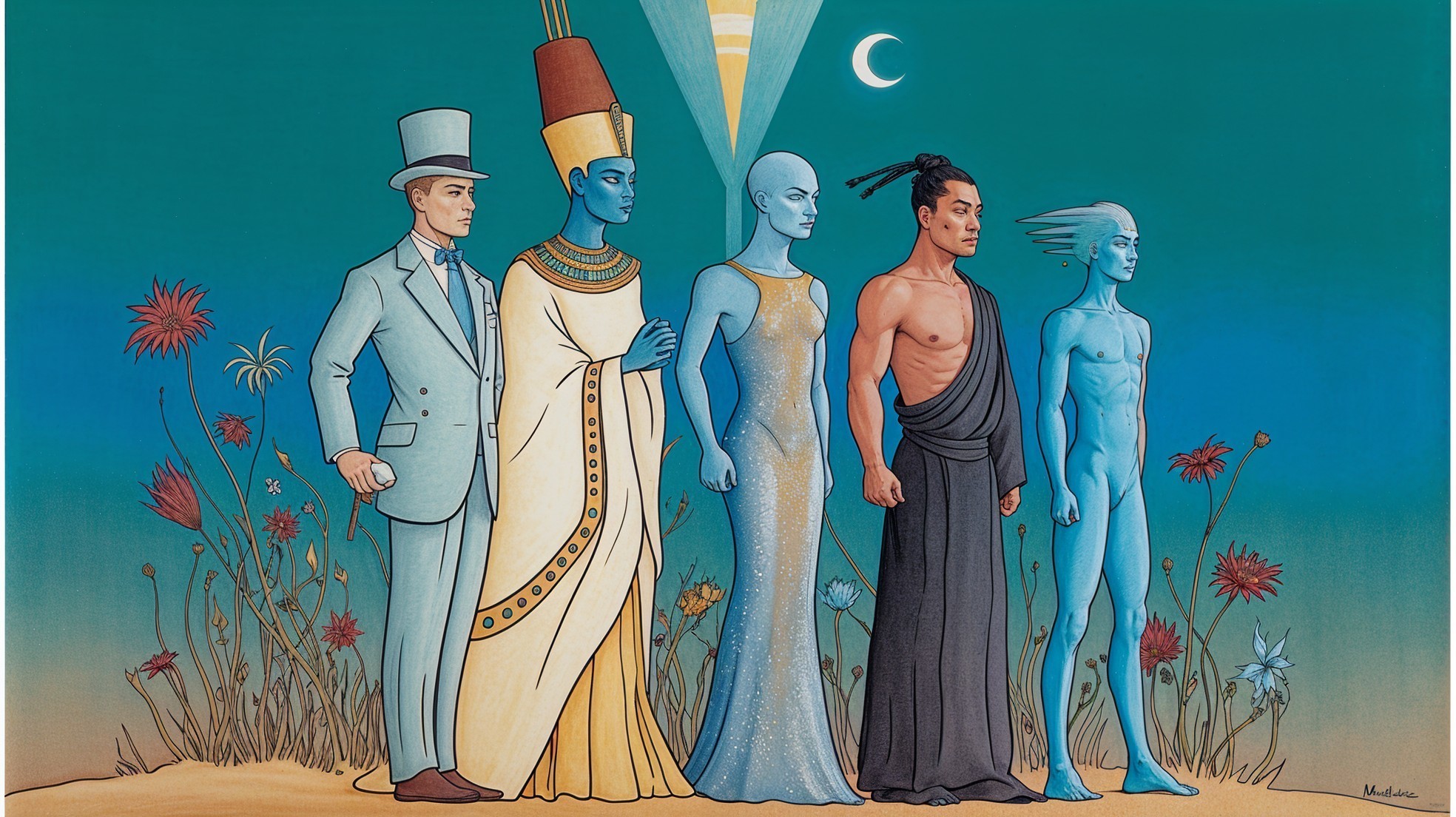 Figures Representing Diverse Cultures Against Colorful Background