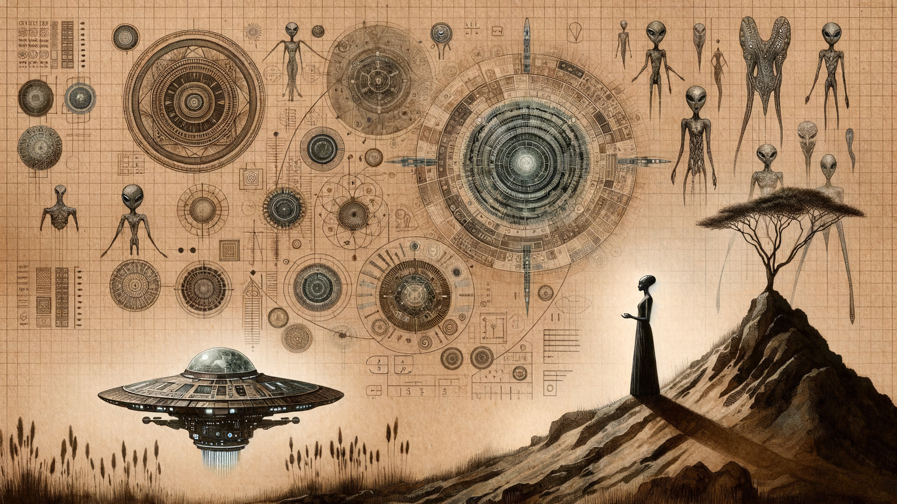 Alien Landscape with Futuristic Spacecraft and Figures