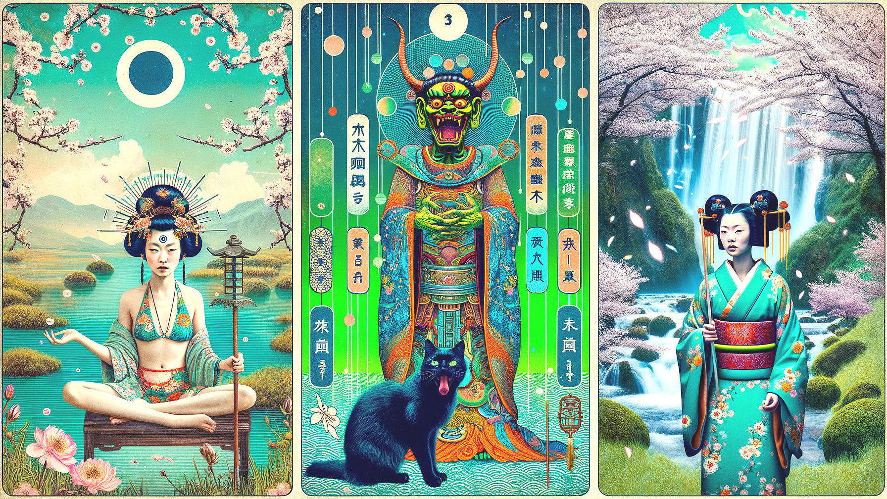 Vibrant Triptych of Serene Meditation and Nature