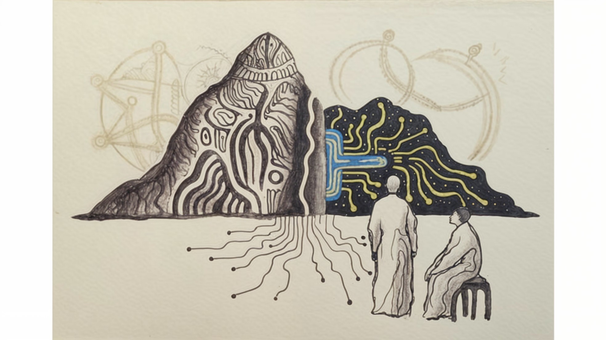 Figures Observing a Patterned Mountain and Cosmos